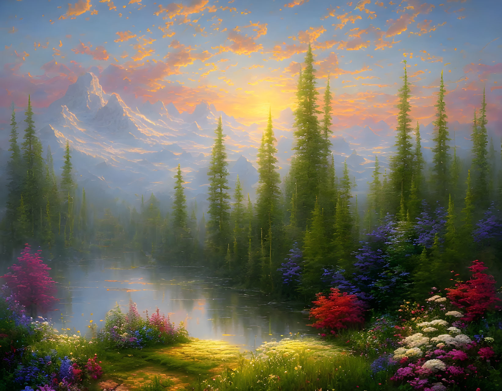 Tranquil landscape painting: sunset over mountain, lake, flowers, trees