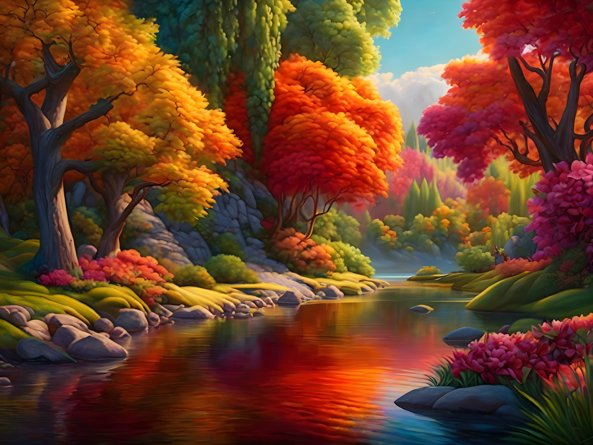 Autumn forest scene with colorful trees, river reflection, rocks, and pink flowers.