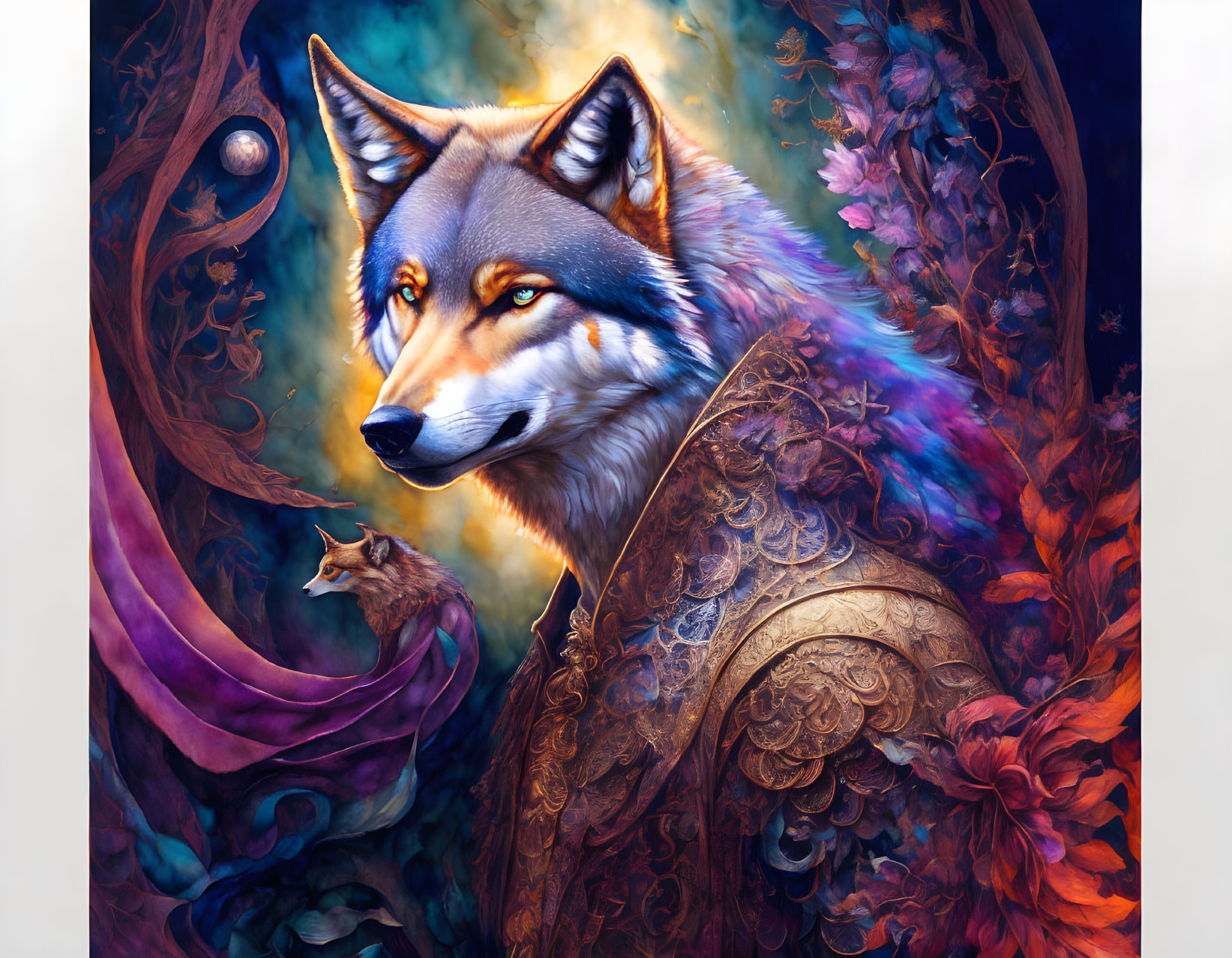 Majestic wolf illustration in vibrant fantasy setting