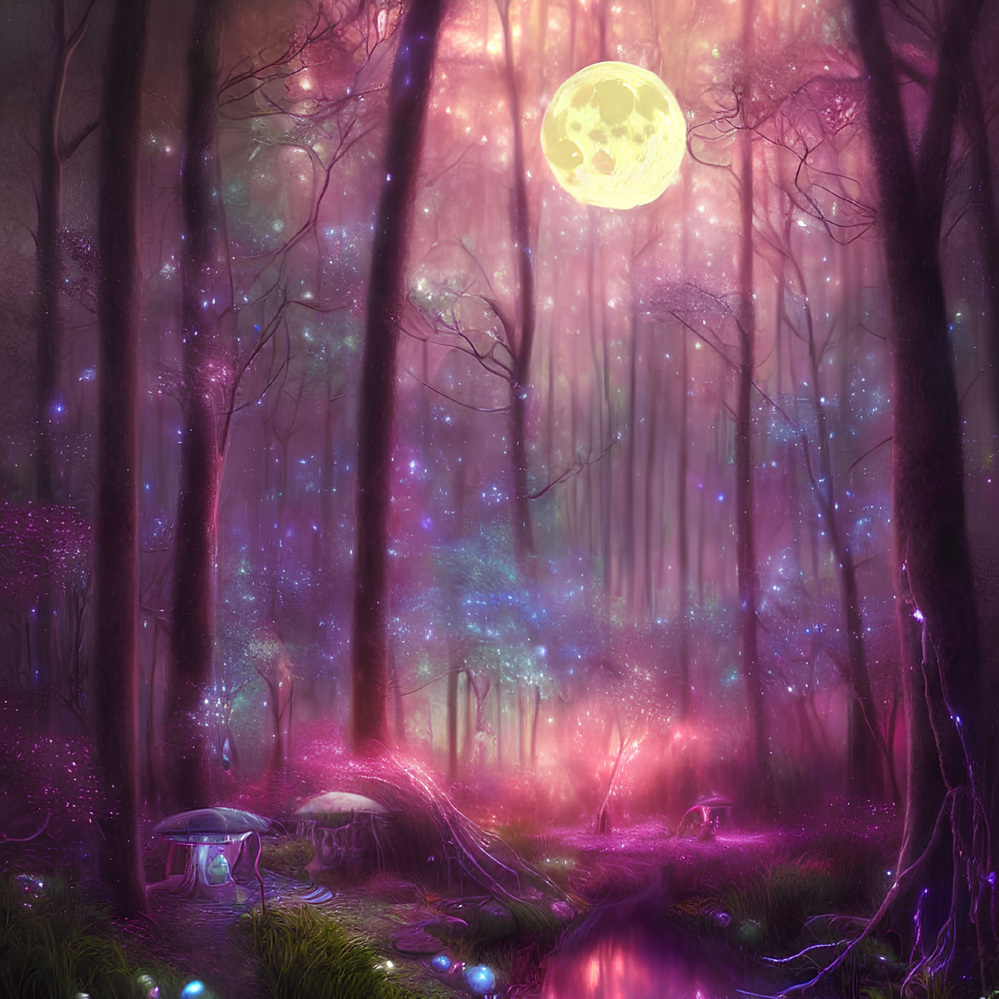 Enchanting full moon forest with luminescent flora and surreal colors