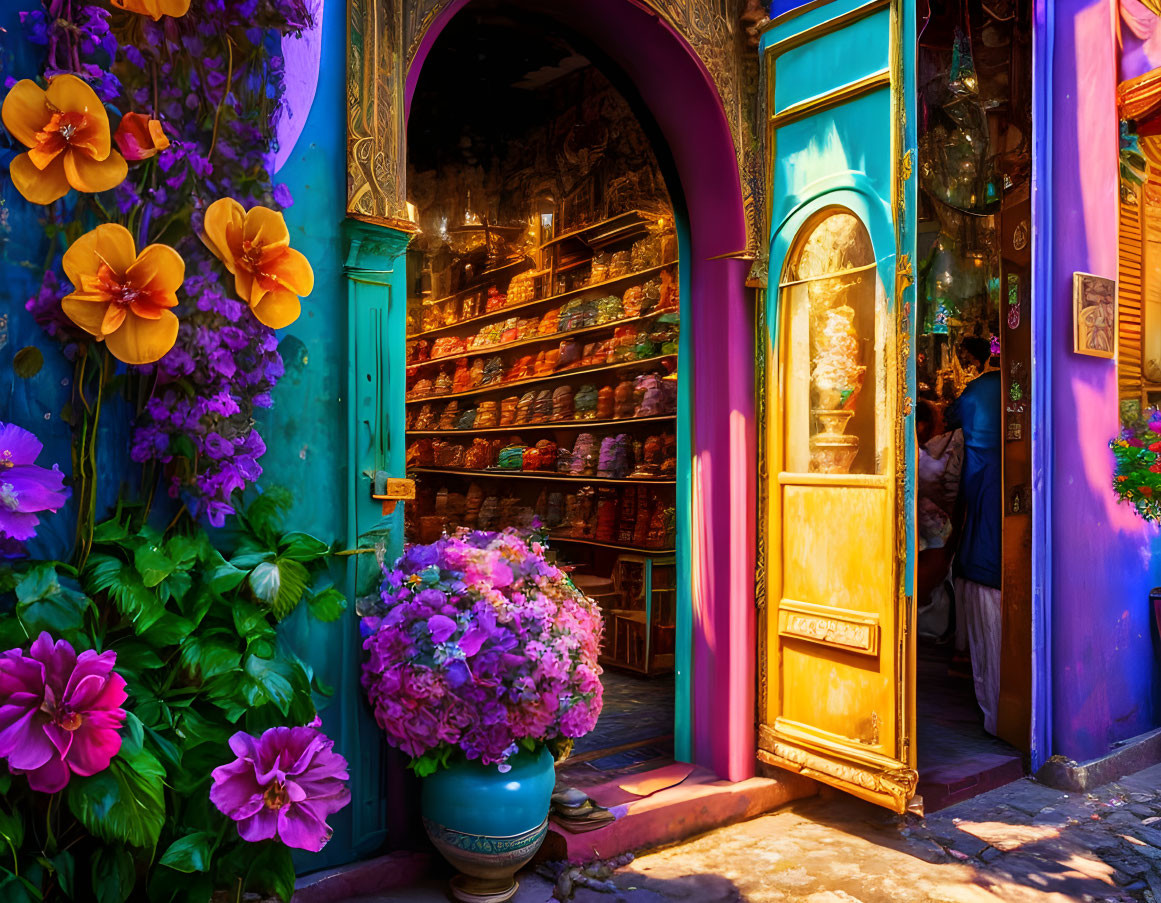 Colorful storefront with blue door, vibrant flowers, and ornate interior objects.