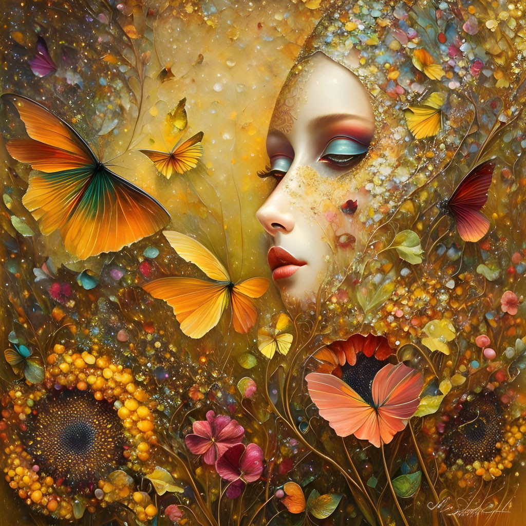 Surreal portrait: woman's face merges with flowers and butterflies on autumn background