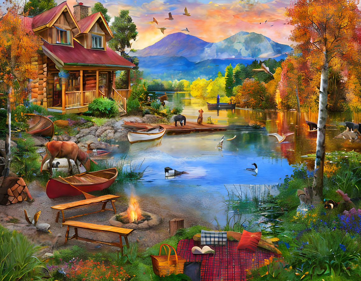 Serene lakeside scene with cabin, canoes, wildlife, and autumn sunset.