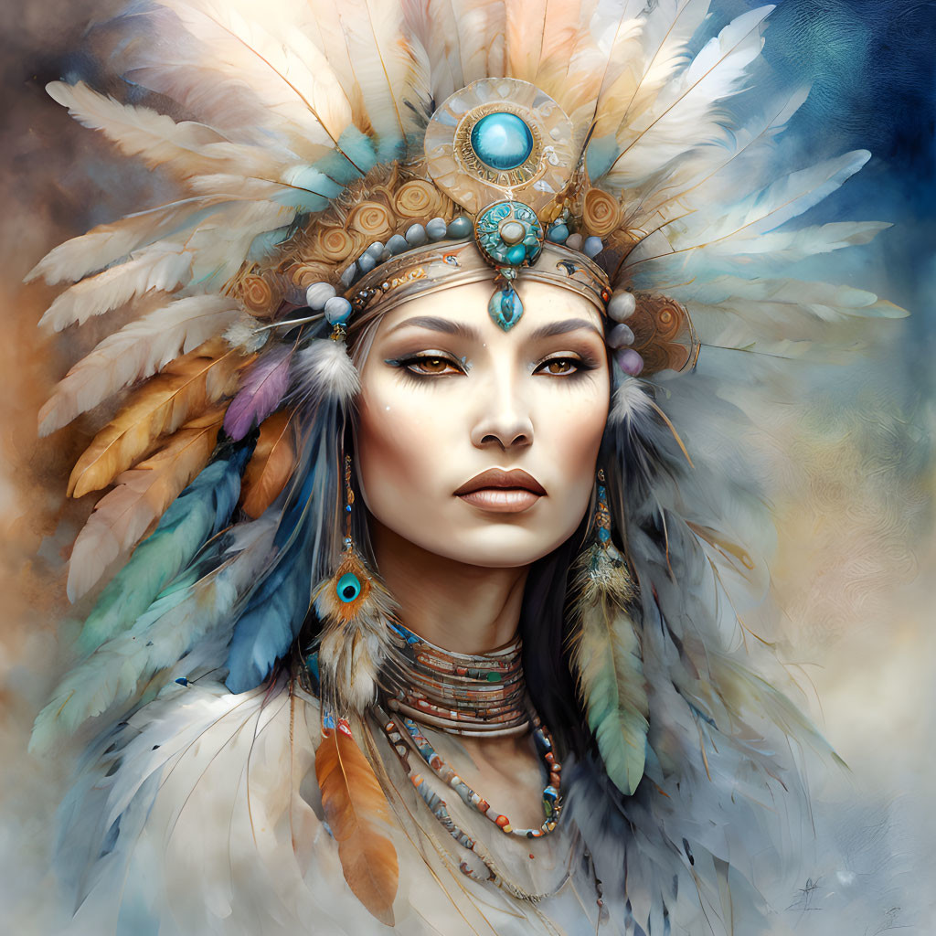 Illustrated portrait of woman with ornate feather headdress and turquoise jewelry