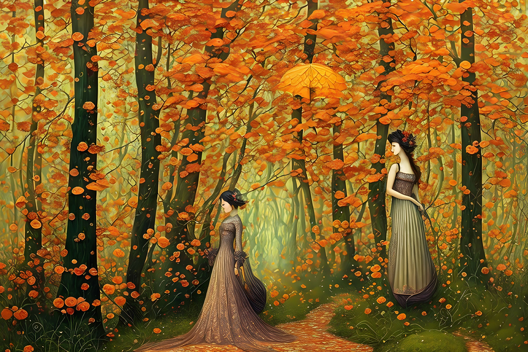 Two women in elegant dresses in autumn forest with orange leaves and parasol.