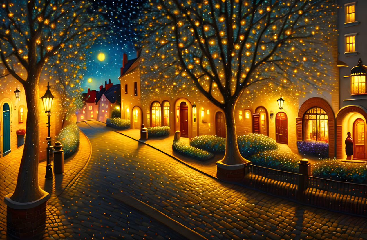 Enchanting evening scene: illuminated trees, cobblestone street, glowing lamps, starry sky