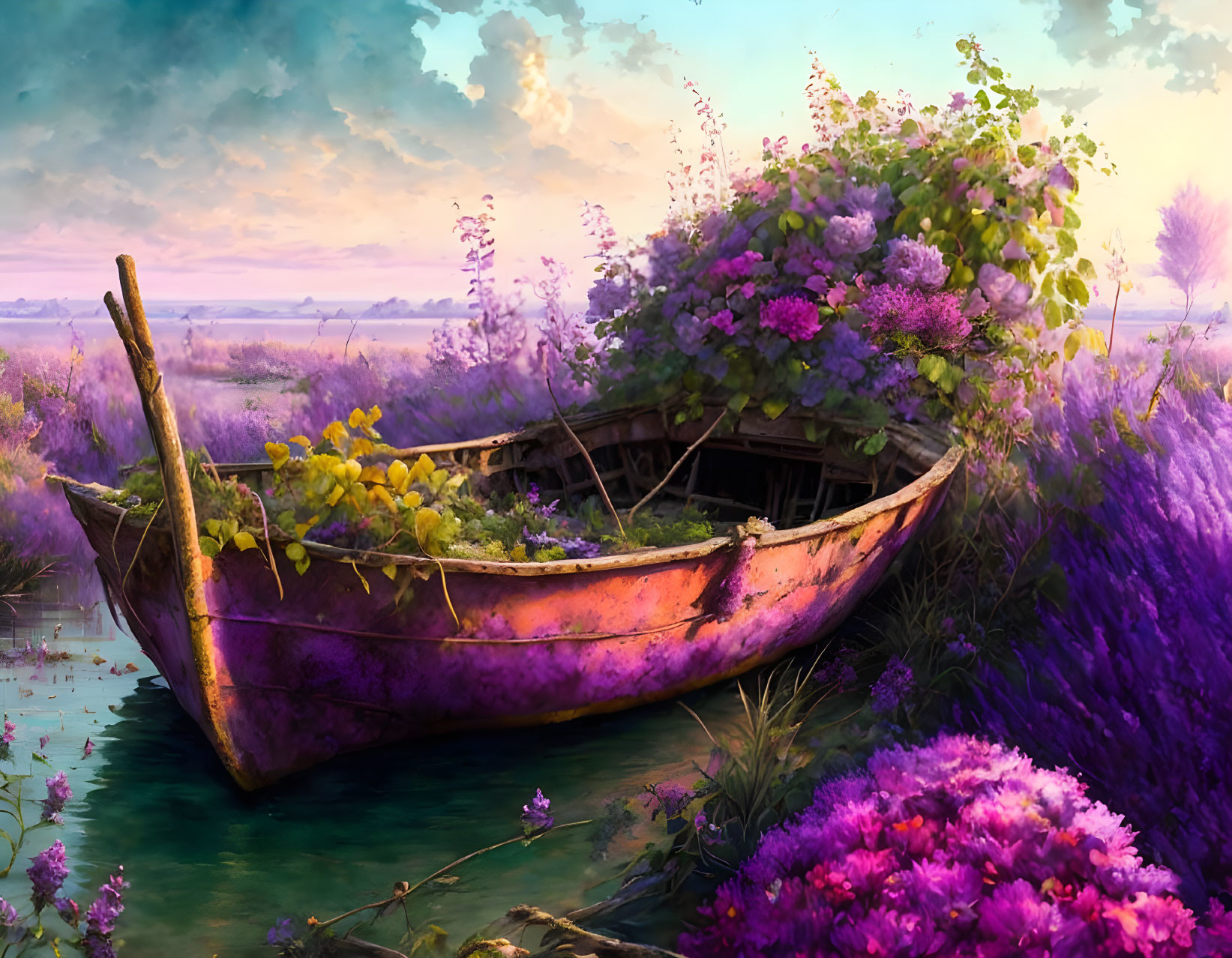 Purple wooden boat in serene floral setting with pastel sky