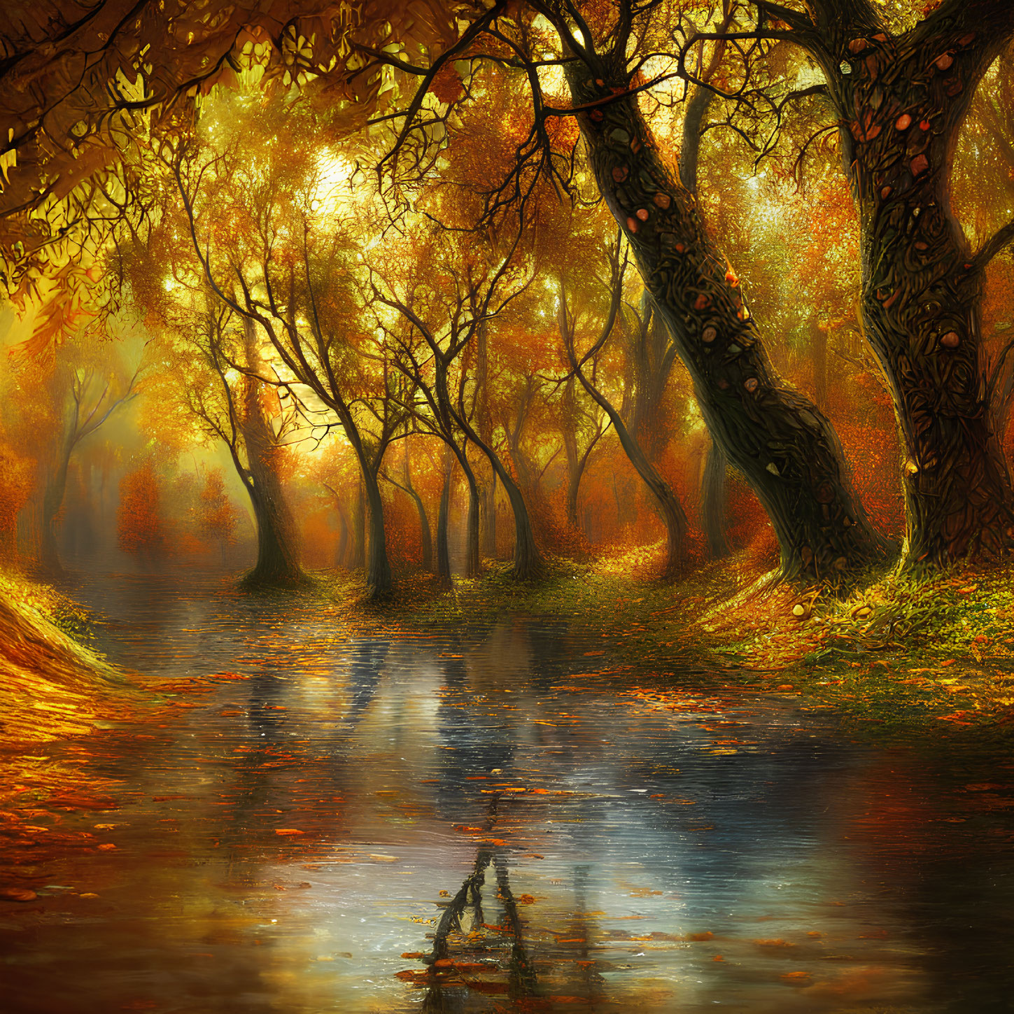 Tranquil Autumn Forest with River and Sunlight