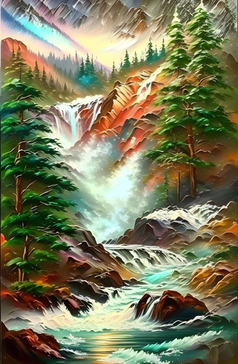 Colorful Forest Waterfall Painting with Trees and Mist