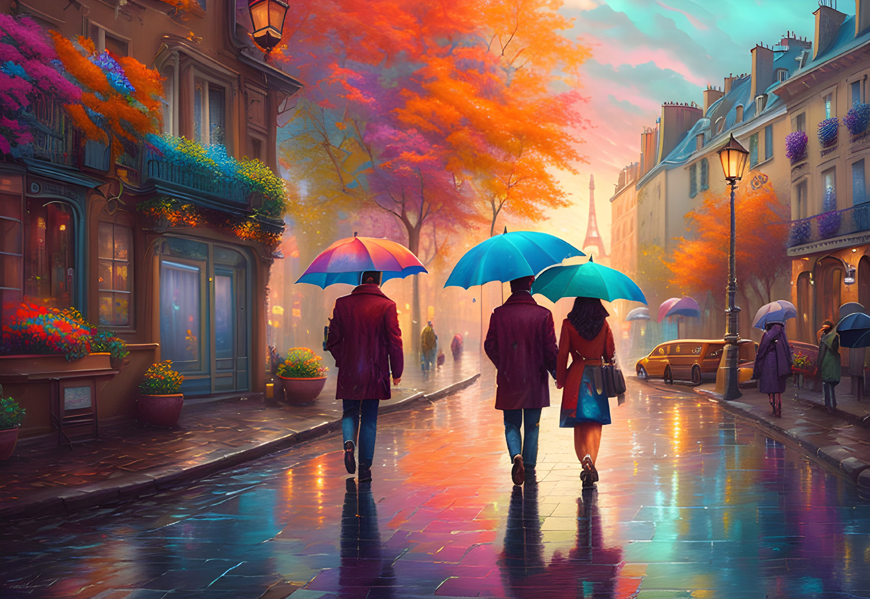 Couple walking on wet cobblestone street in autumn with colorful umbrellas