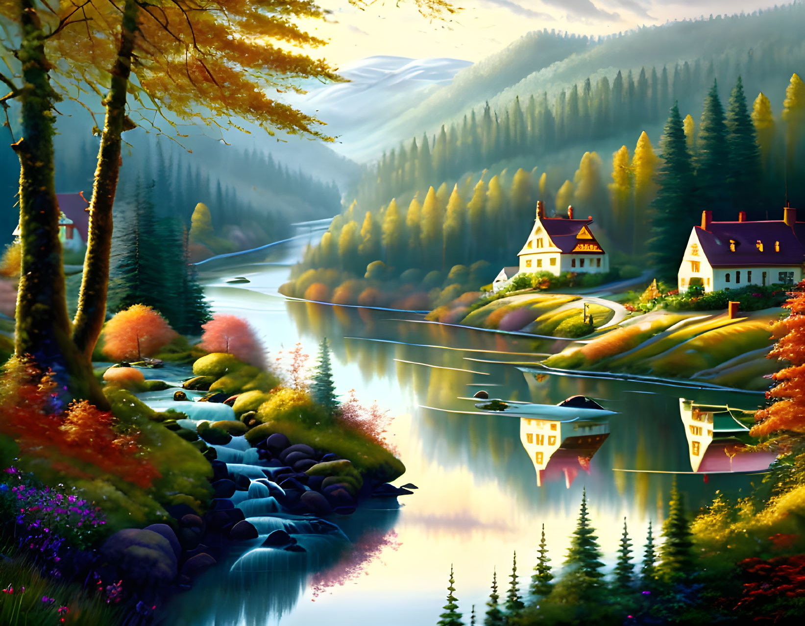 Tranquil river landscape with autumn trees and mountains at sunset