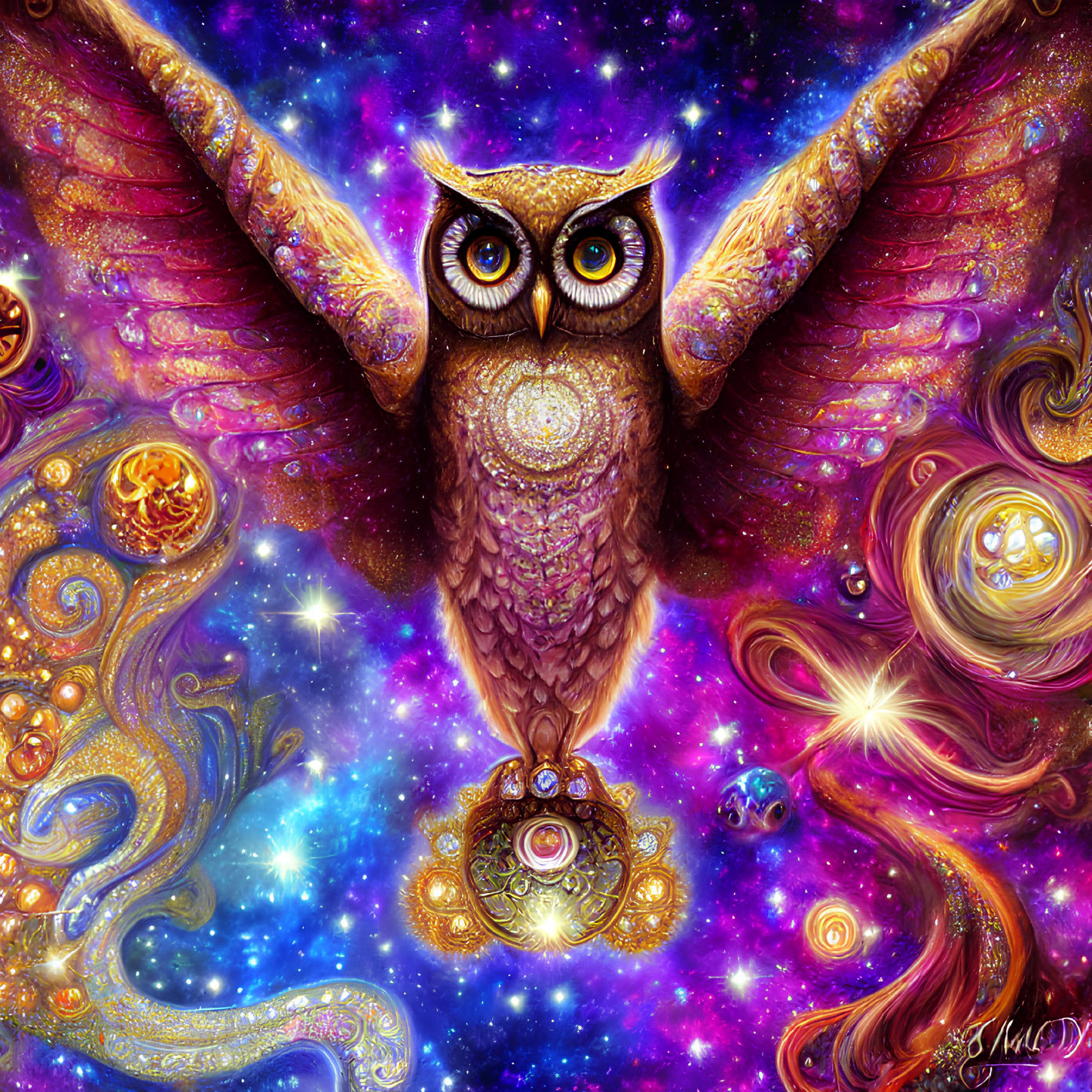 Colorful Fantastical Owl Illustration with Cosmic Background