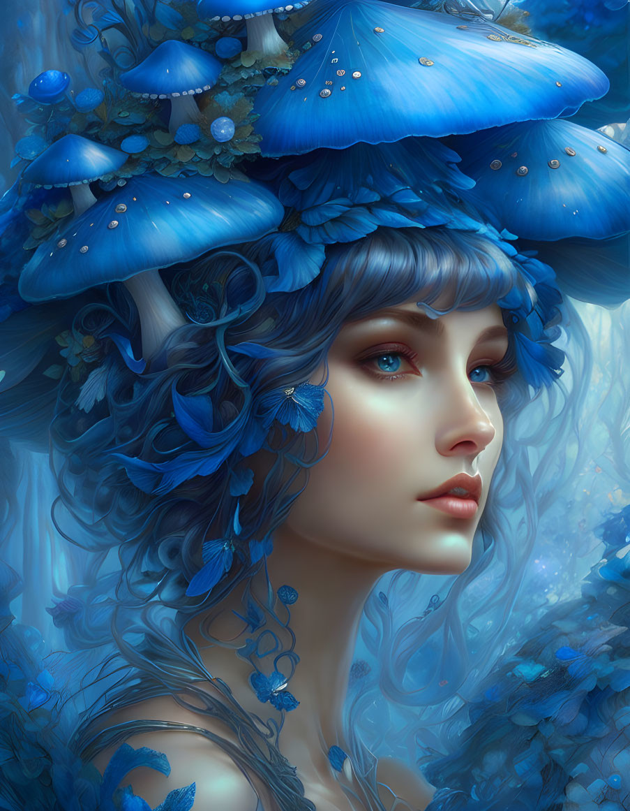 Blue-themed portrait of a woman with mushrooms and flowers on blue hair and skin.