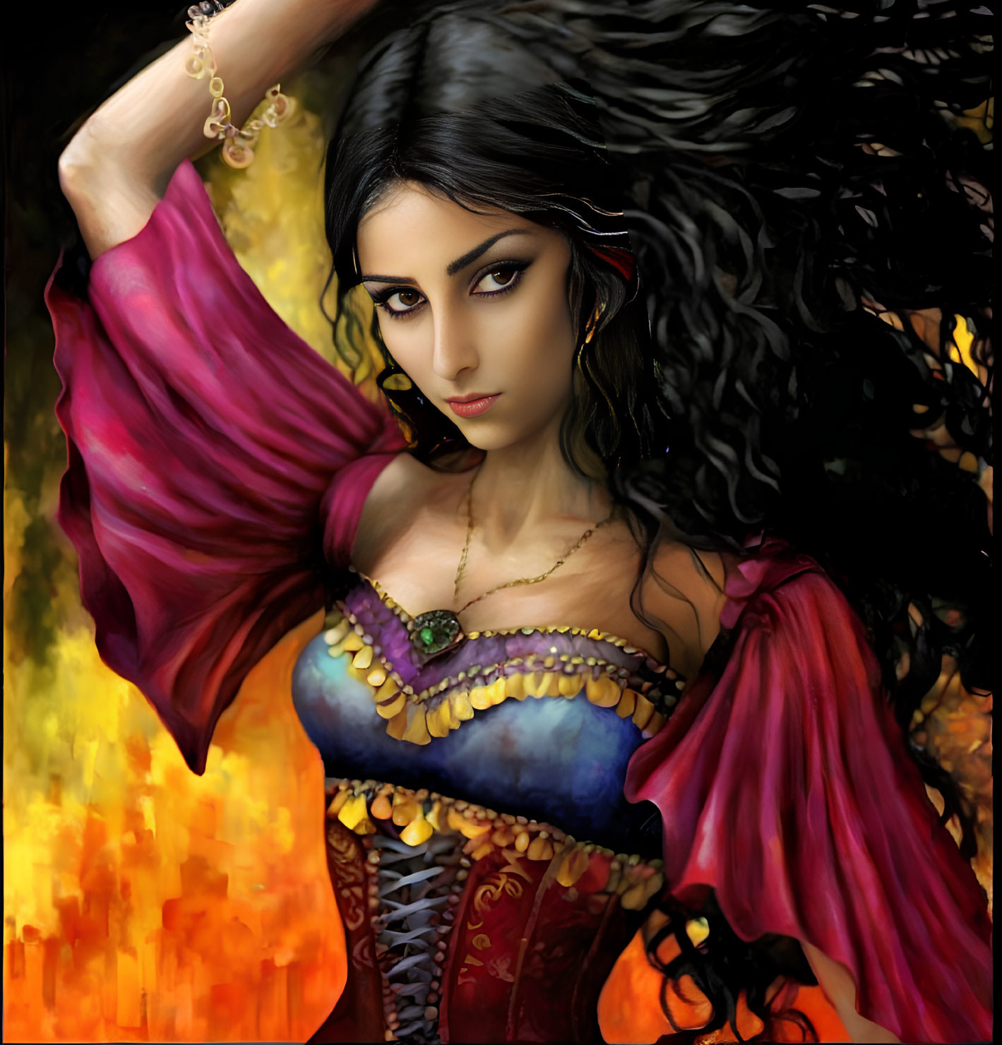 Dark Curly-Haired Woman in Colorful Attire Against Fiery Background