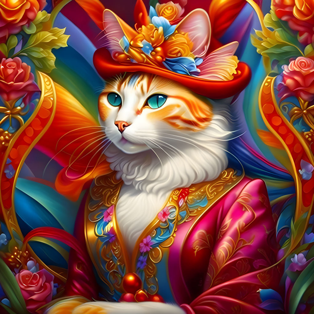 Ornately dressed cat with red hat in vibrant floral setting