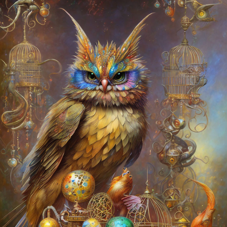 Colorful Owl in Steampunk Setting with Metallic Orbs and Birdcages