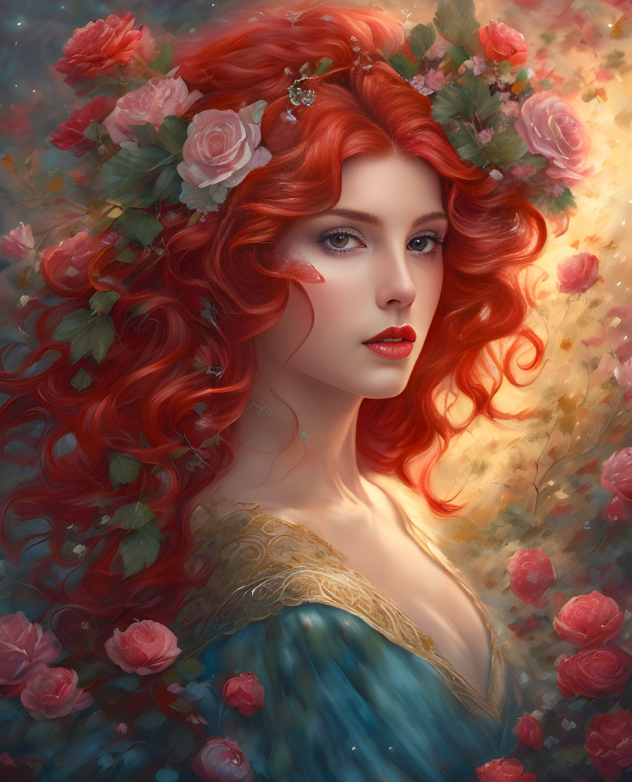 Vibrant red-haired woman with floral crown in serene setting