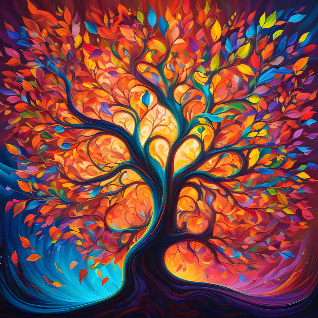 Colorful autumn tree illustration with swirling pattern in warm hues