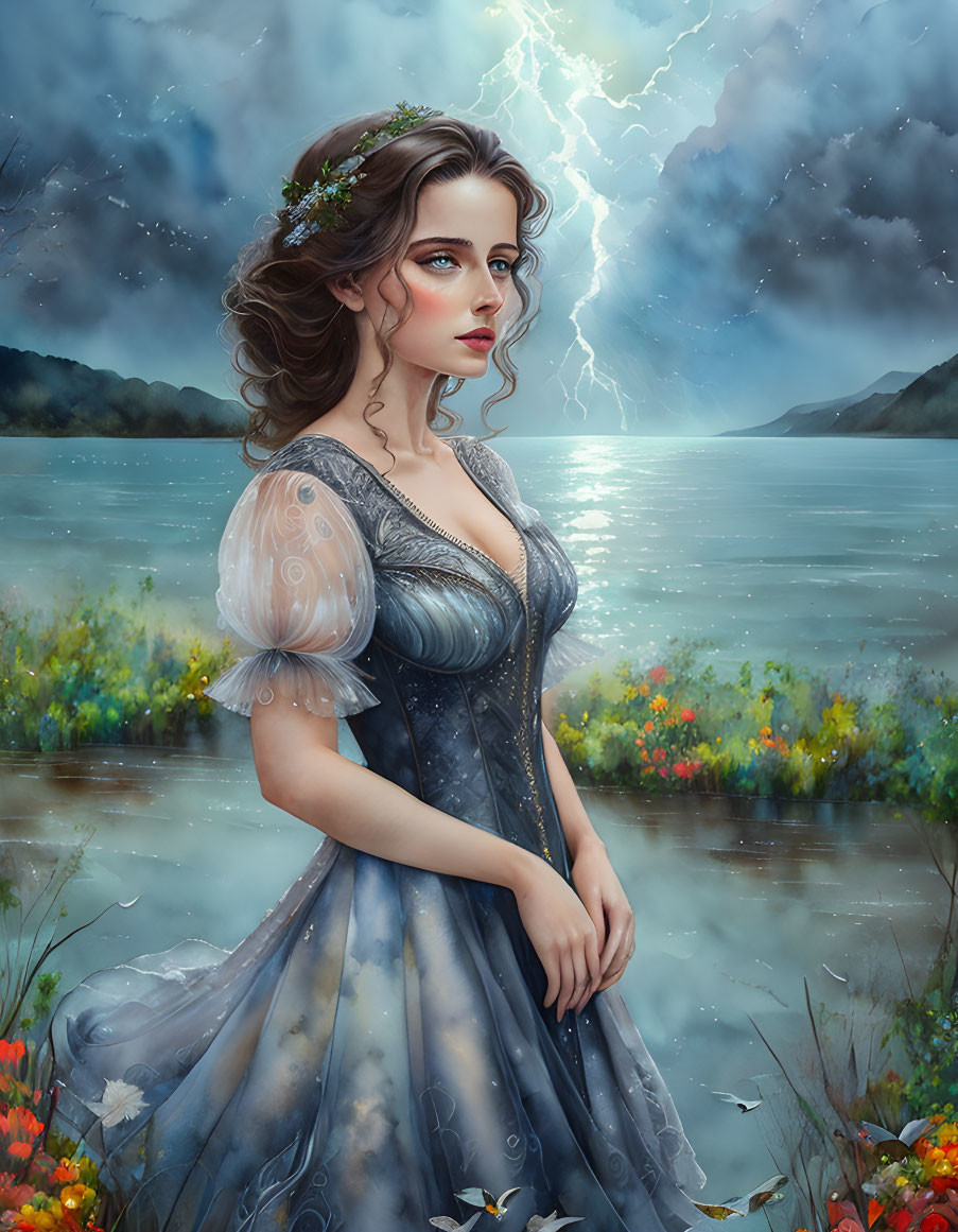 Illustrated woman in blue gown by stormy lake with lightning and flowers