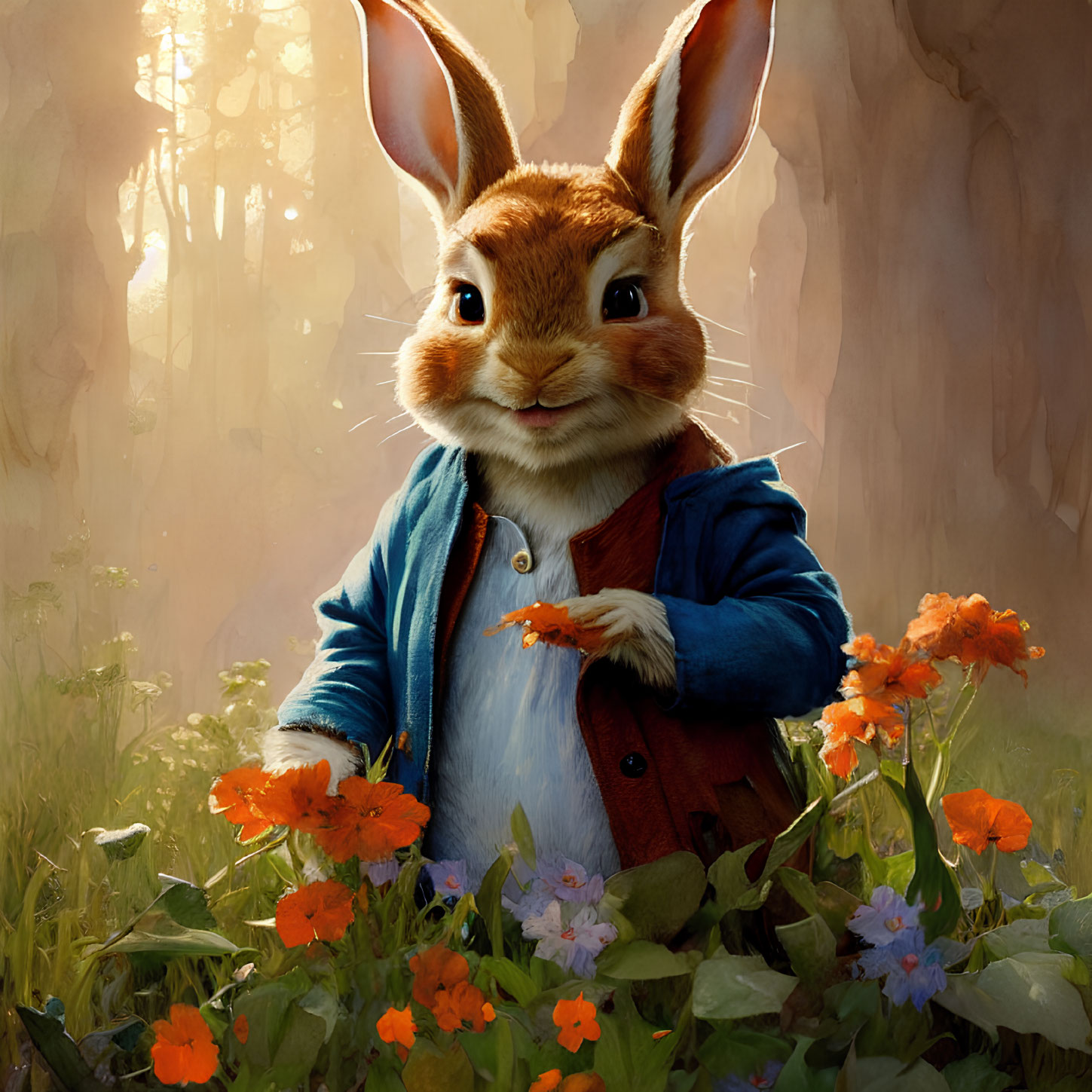 Anthropomorphic rabbit in blue attire surrounded by flowers in sunny forest.