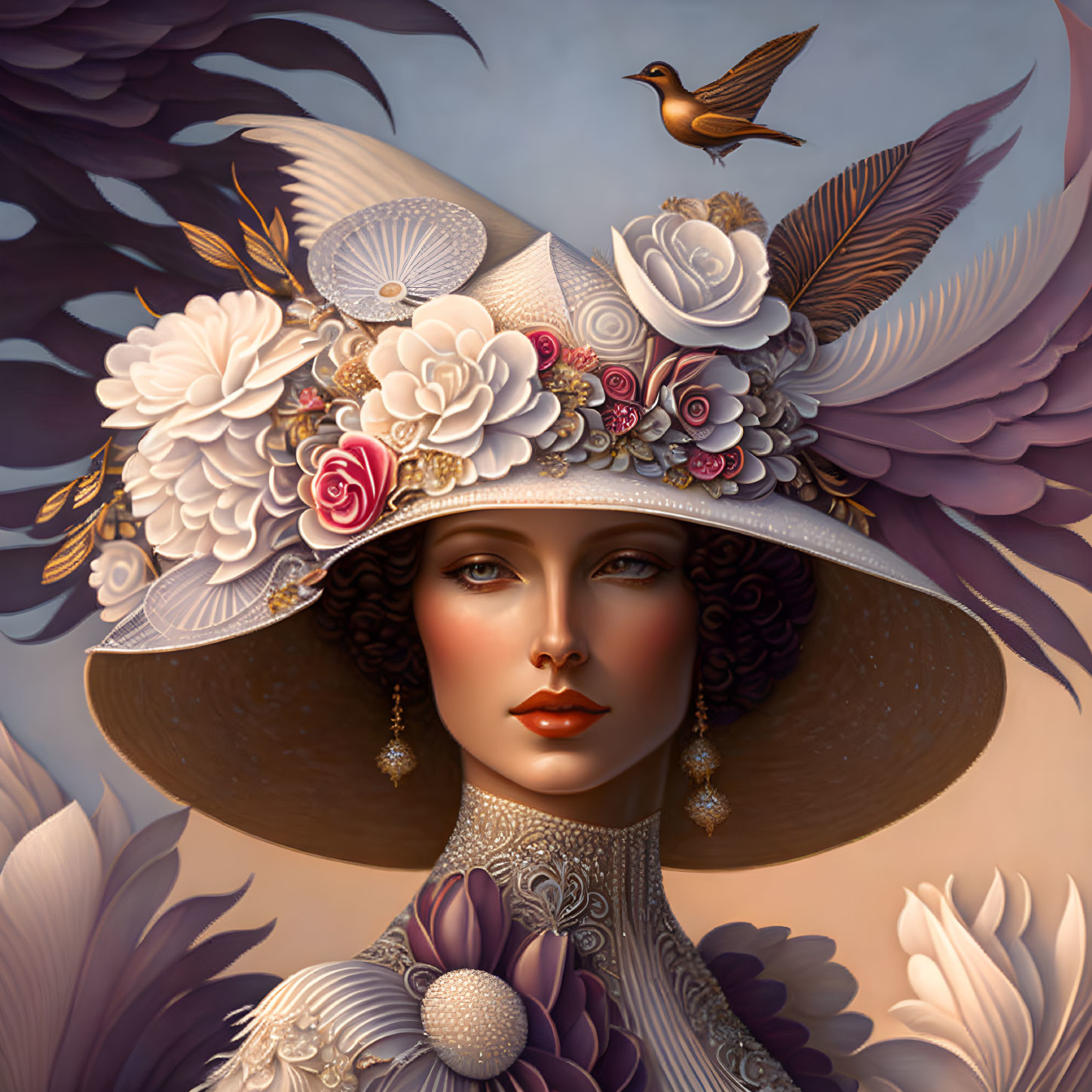 Woman with floral hat and bird in soft style