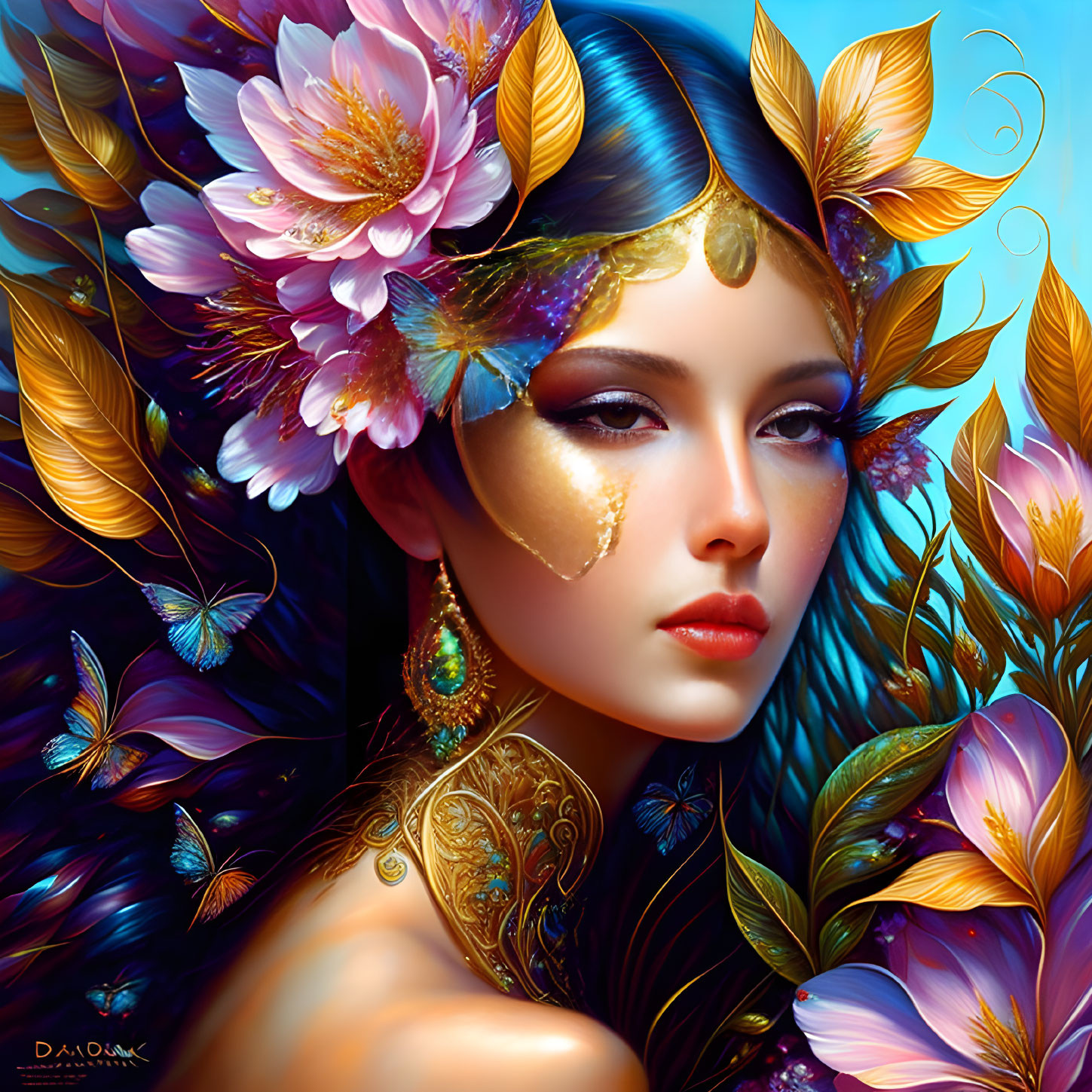 Woman with Vibrant Feathers, Flowers, Golden Makeup, and Tattoos in Colorful Plumage