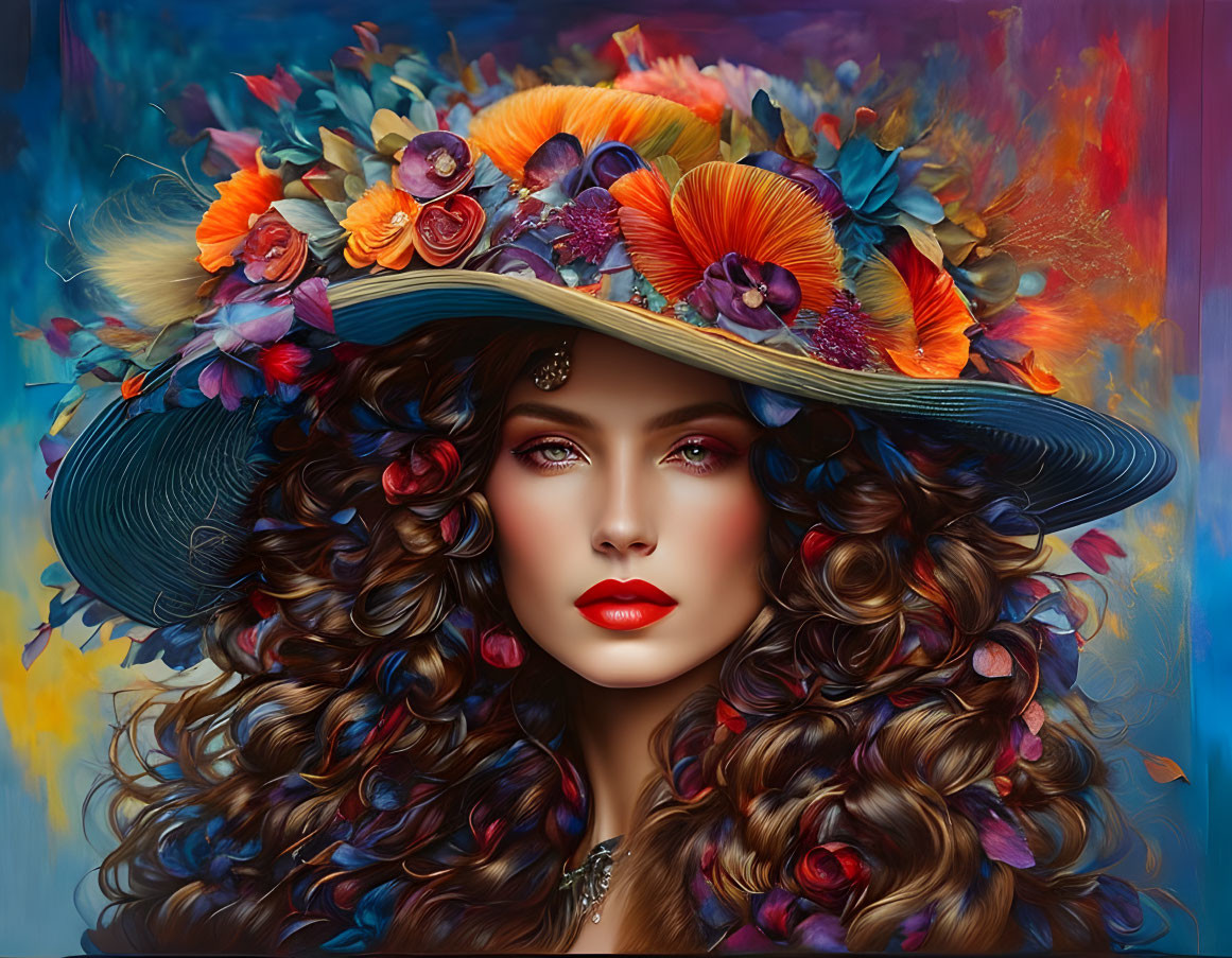 Voluminous curly hair woman in floral hat on vibrant abstract background