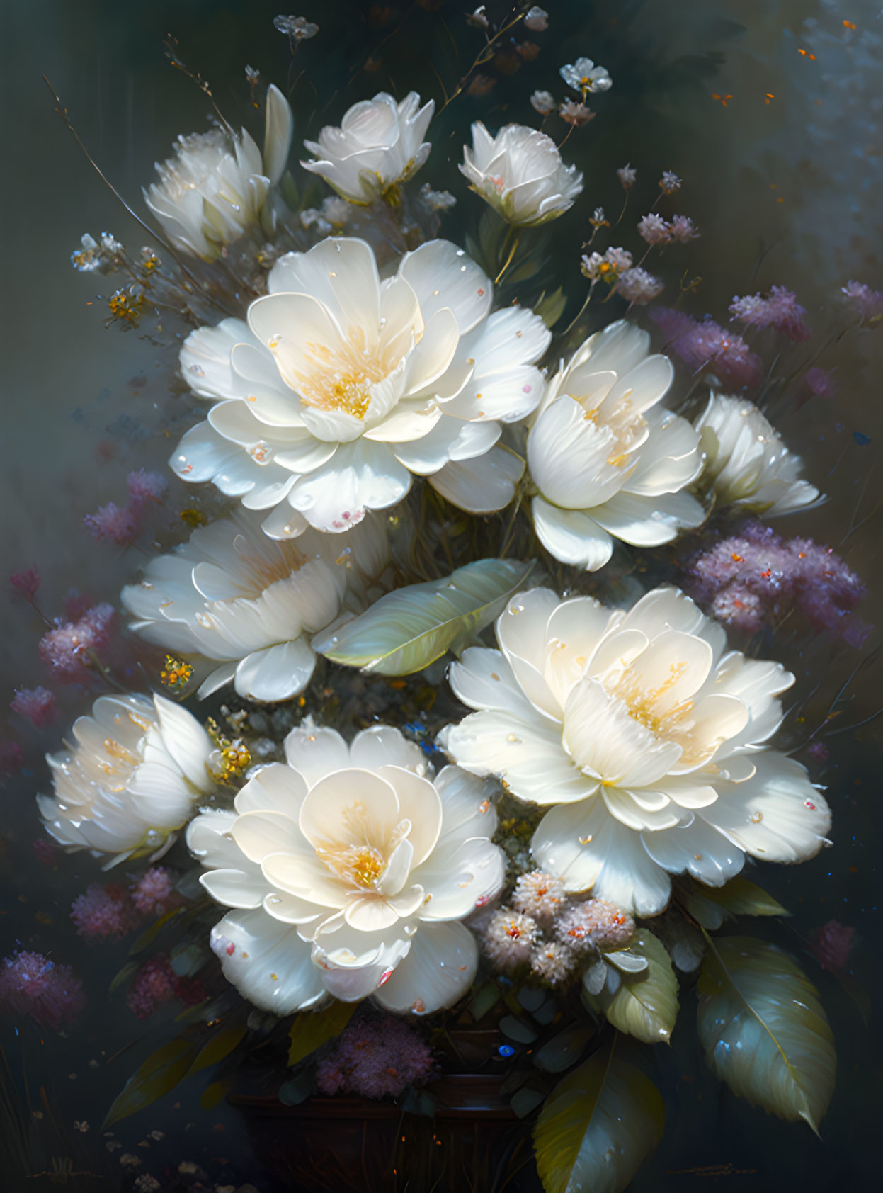 White and Yellow Flower Bouquet with Baby's Breath on Dusky Background