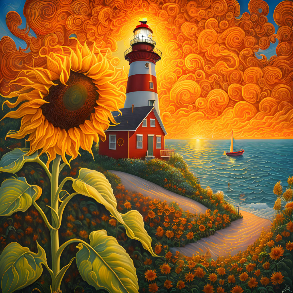 Coastal sunset painting with red lighthouse, sunflowers, sailboat