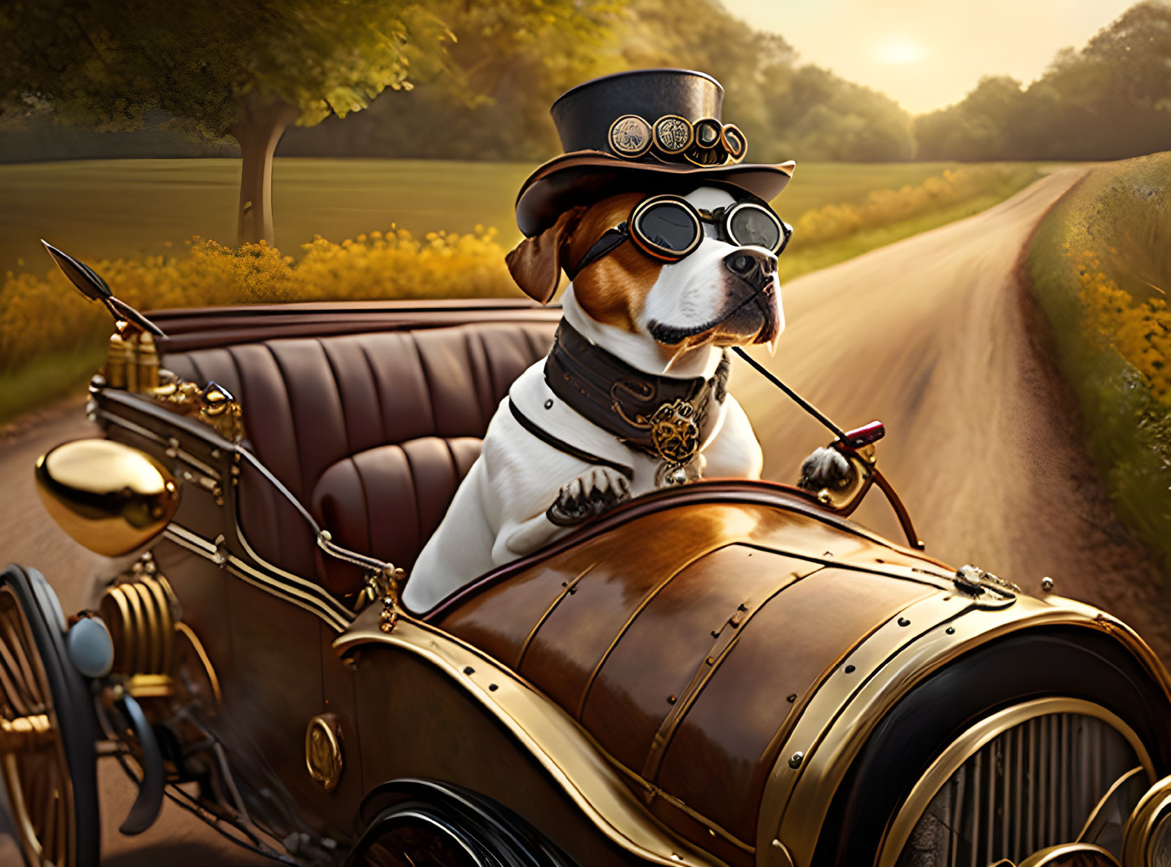 Steampunk-themed dog driving vintage car on country road at sunset