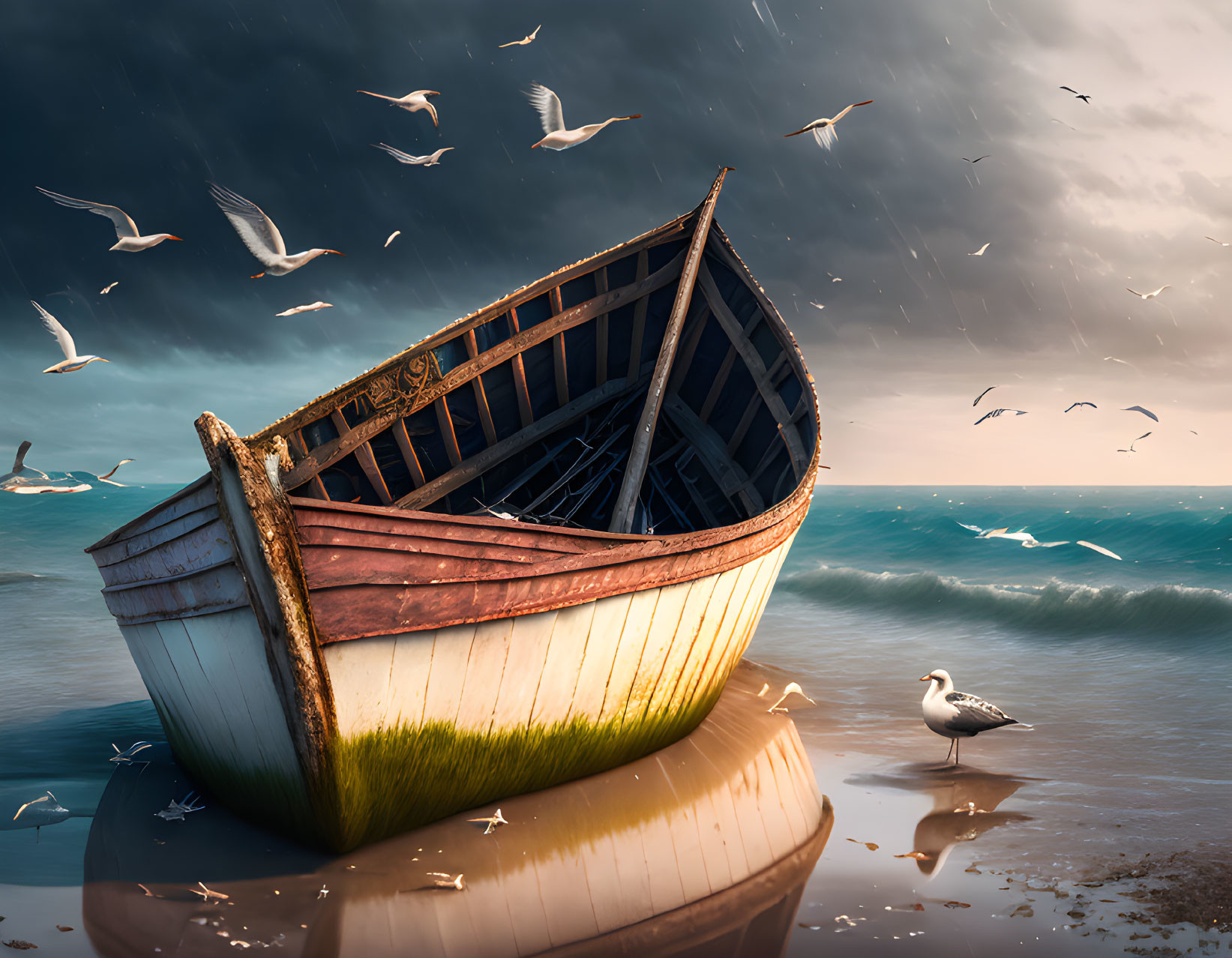 Weathered wooden boat on sandy shore with stormy sky, seagulls, and turbulent sea waves