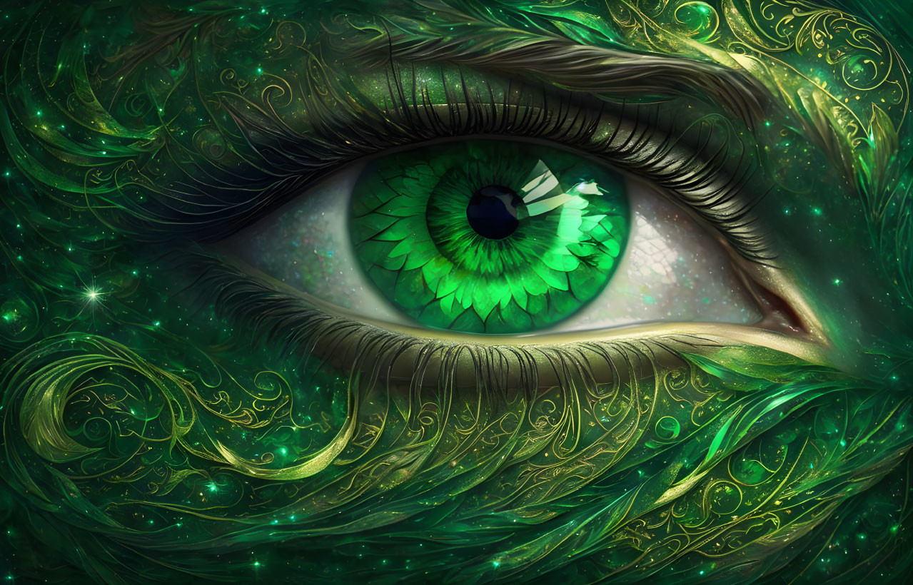 Detailed illustration of vivid green eye with ornate swirling patterns and shimmering highlights.