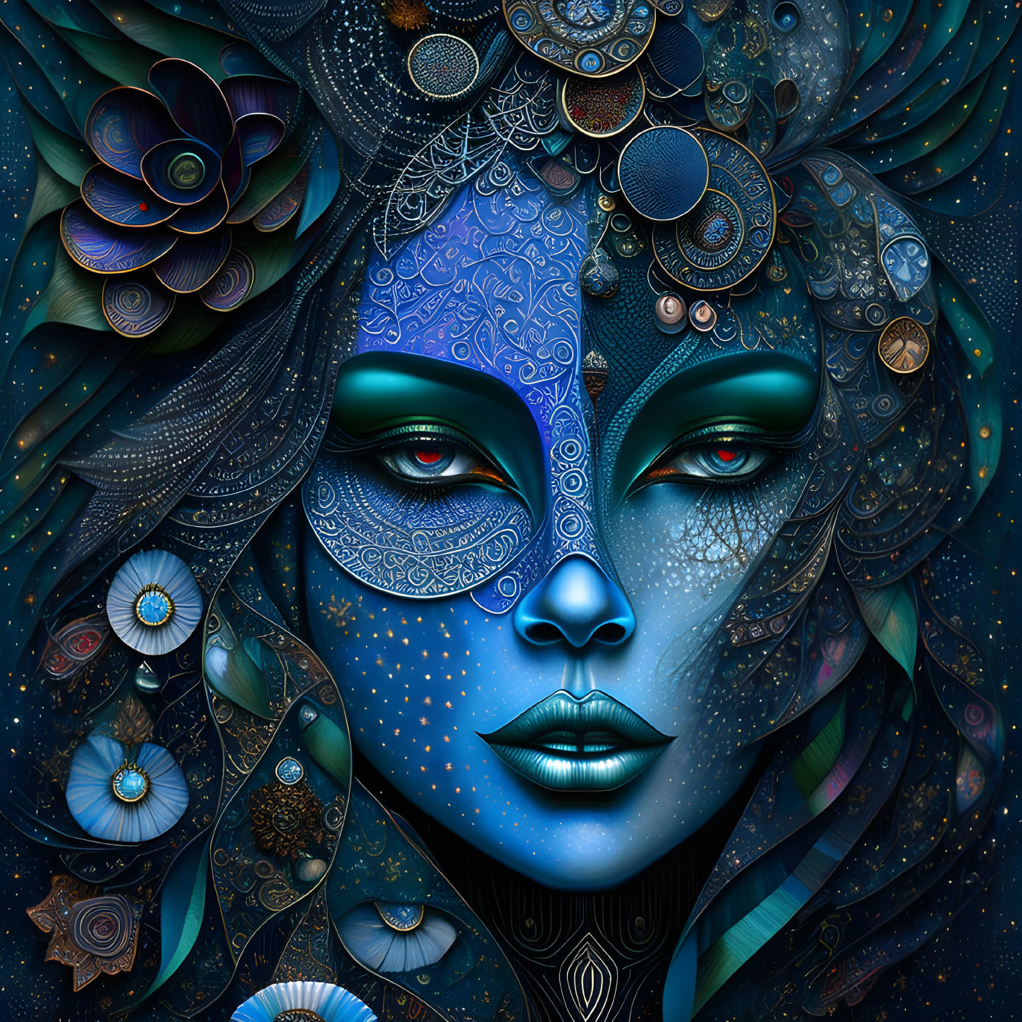 Digital artwork of woman's face with intricate metallic and floral elements in dark blue palette