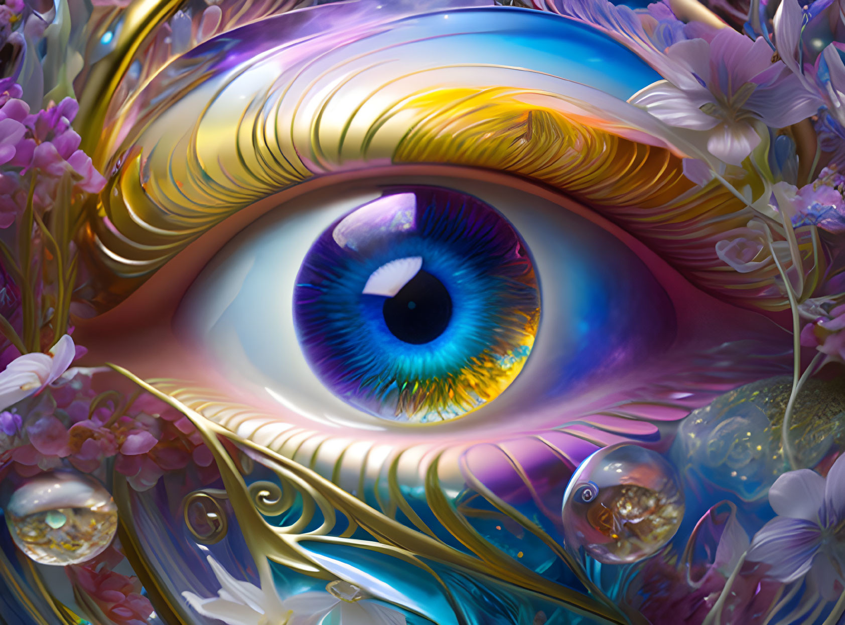 Vivid surreal eye close-up with ornate details, flowers, and bubbles