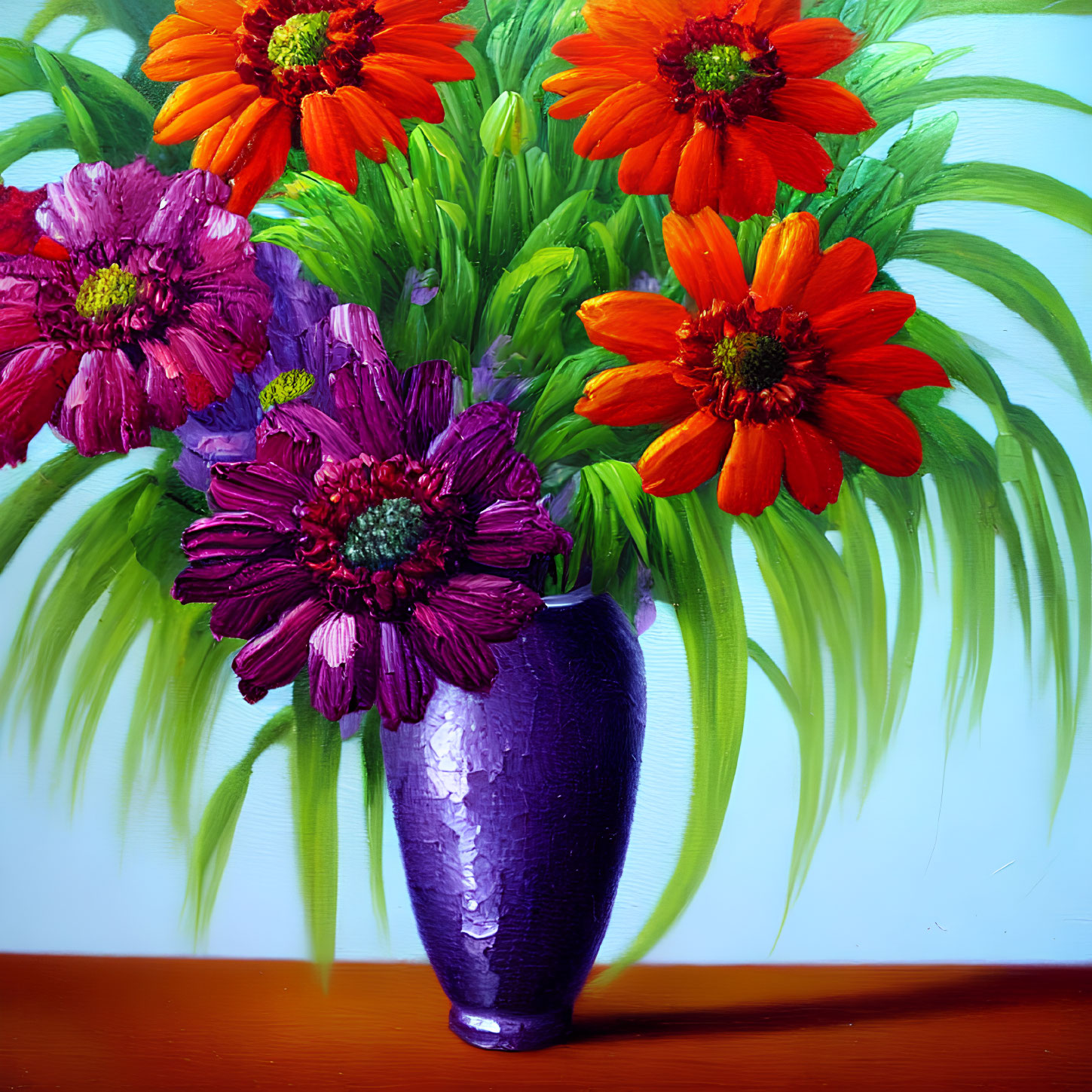 Colorful oil painting of purple vase with red and purple flowers on blue background