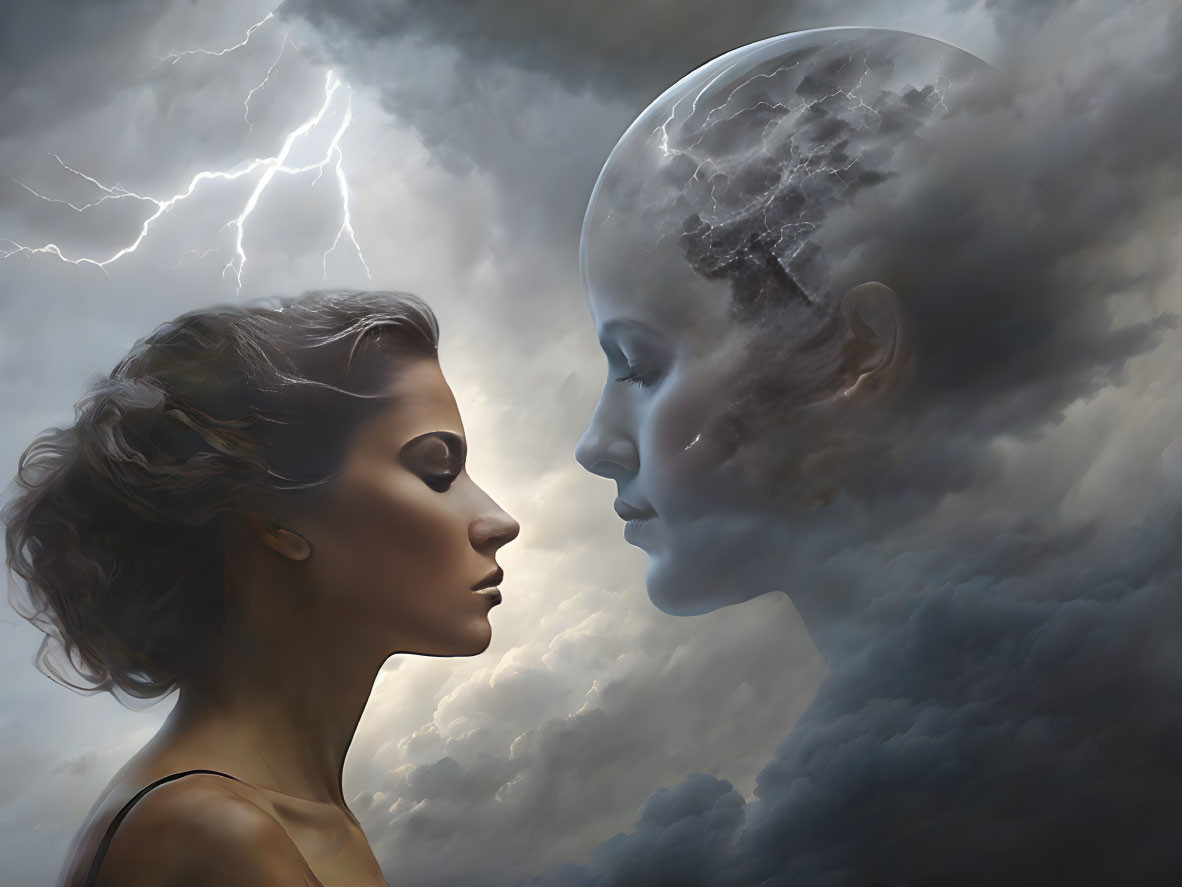 Woman and celestial-headed humanoid under stormy sky with lightning