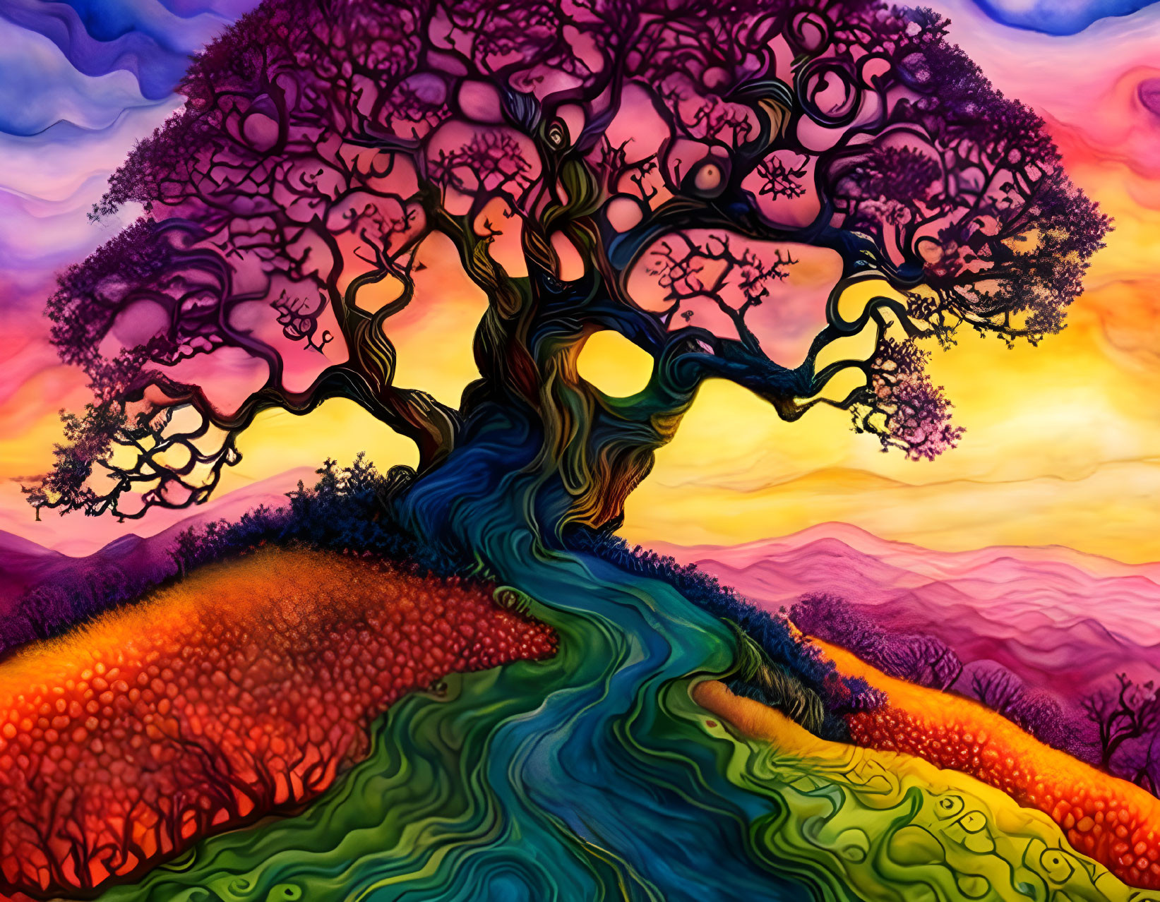 Colorful surreal painting: intricate tree branches against sunset sky