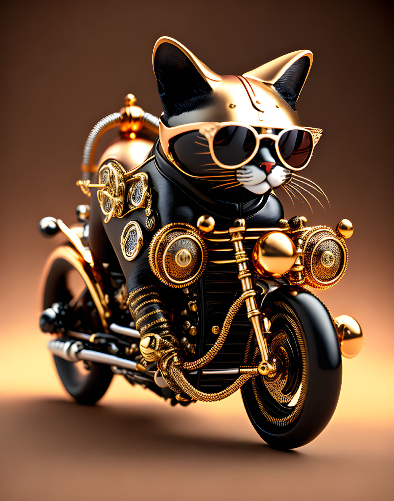 Anthropomorphic Cat with Sunglasses Riding Steampunk Motorcycle on Amber Background