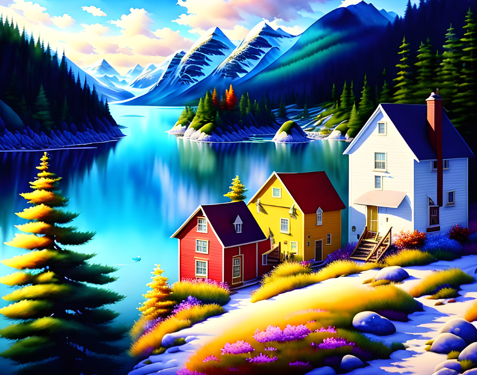 Vibrant houses by tranquil lake with snowy mountains & colorful flora