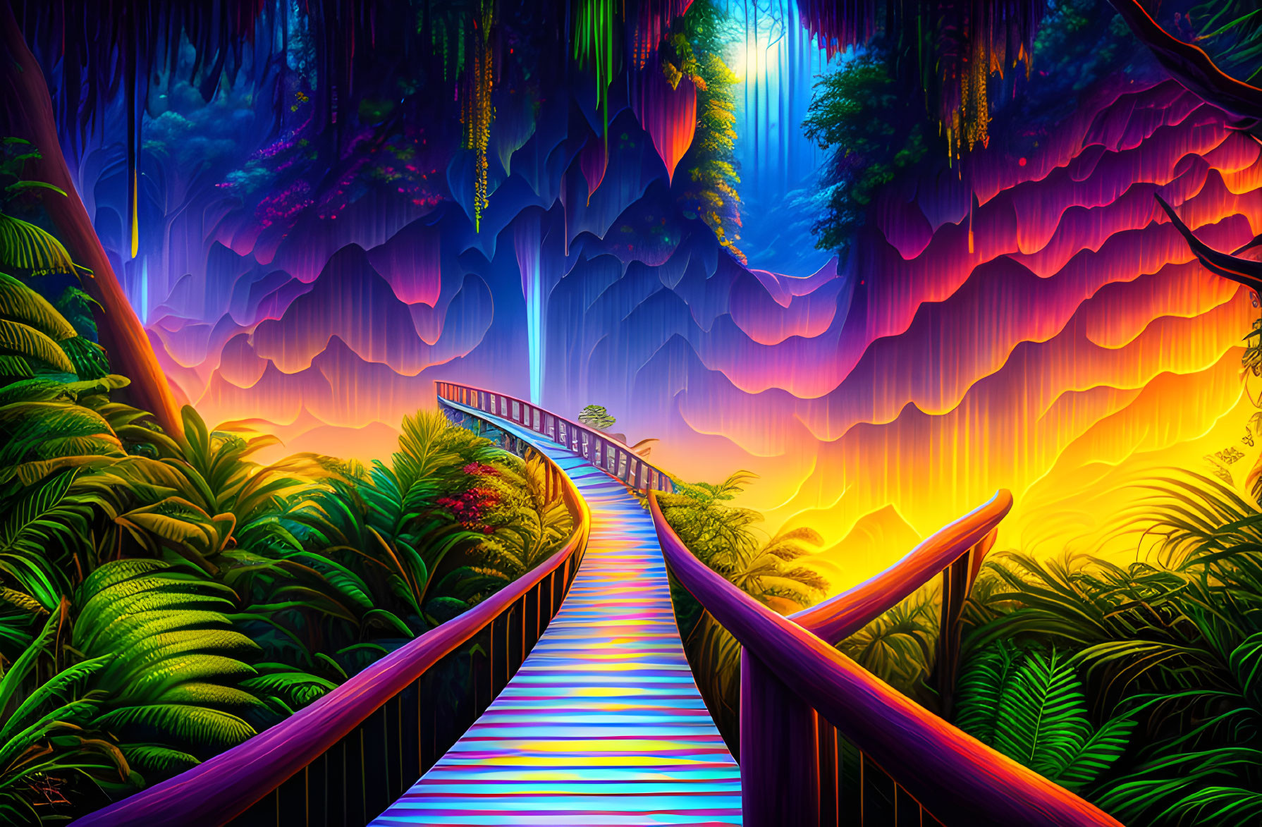 Colorful Neon Jungle Scene with Rainbow Pathway and Magical Tree