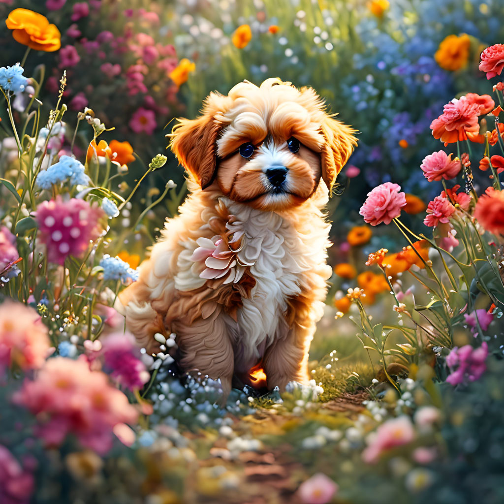 Fluffy puppy amidst colorful garden flowers and lush greenery