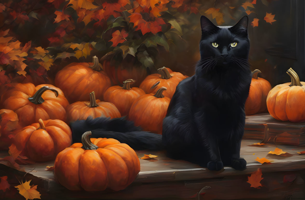 Black Cat Among Orange Pumpkins in Autumn Setting