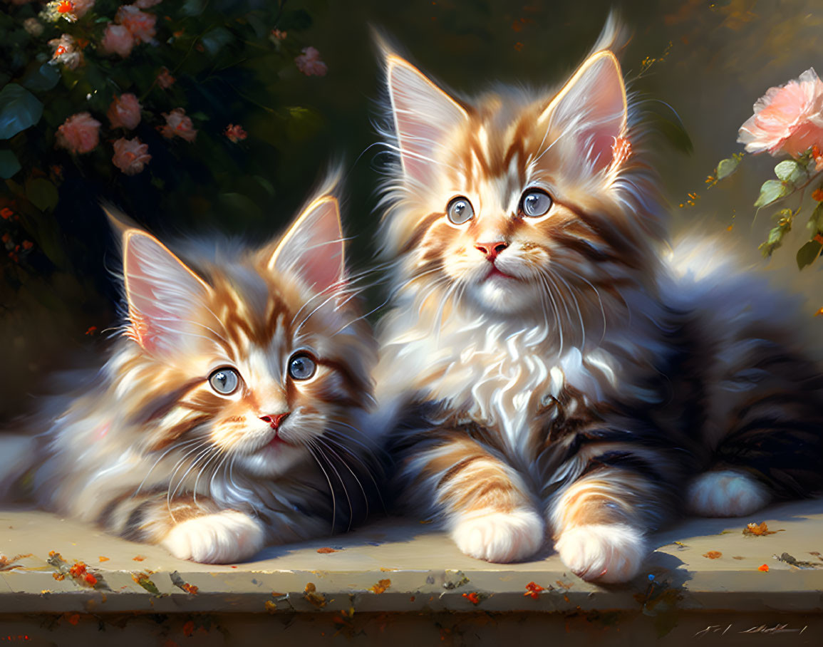 Fluffy Kittens with Striking Blue Eyes in Greenery and Pink Flowers