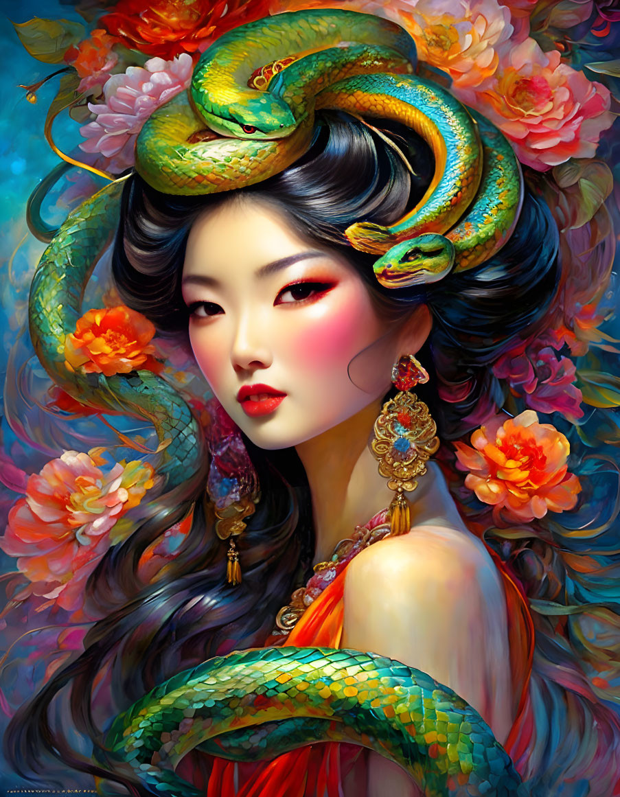 Illustrated woman with striking makeup, orange flowers, and green snakes in dark hair