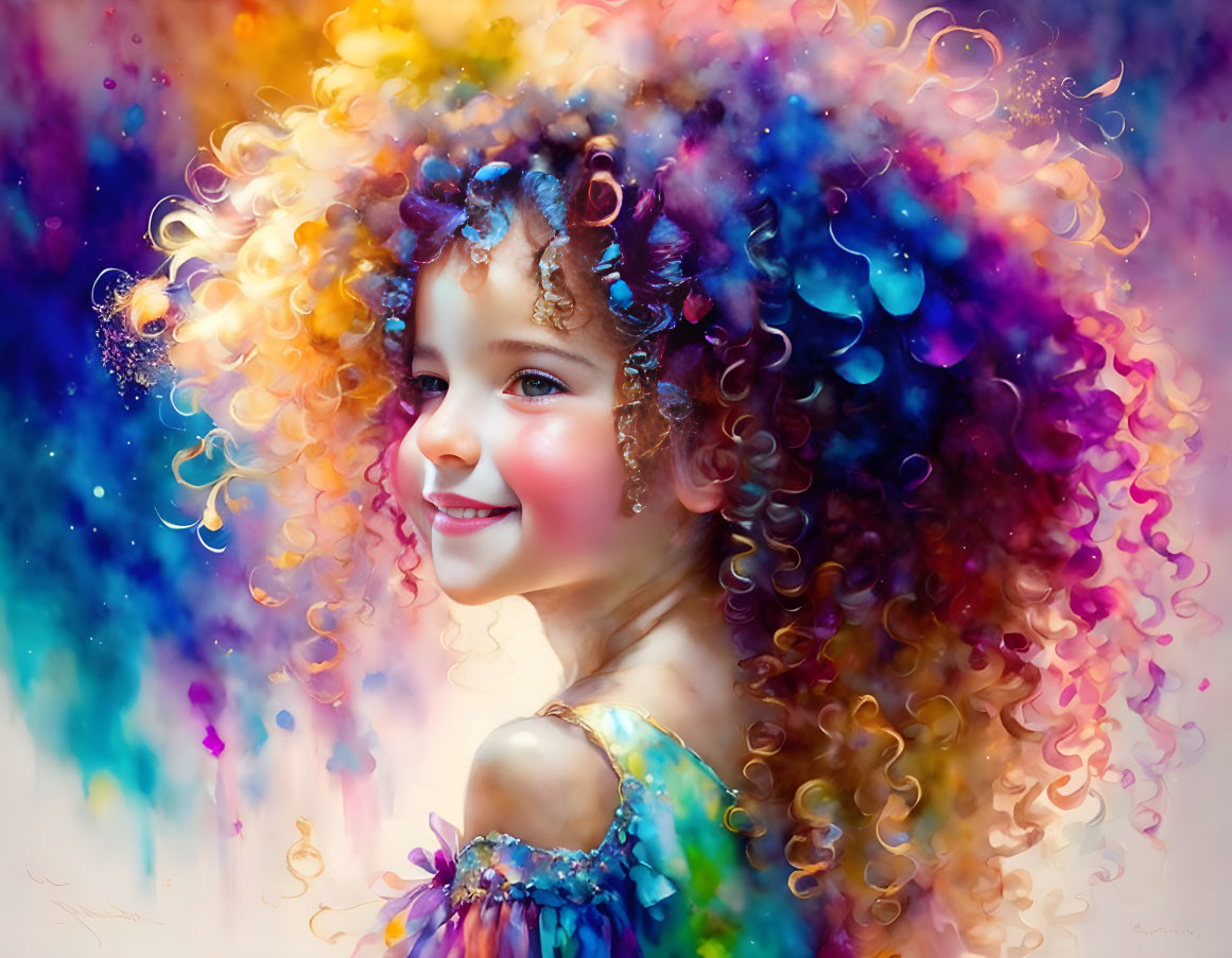 Colorful Digital Art: Joyful Young Girl with Vibrant Curly Hair