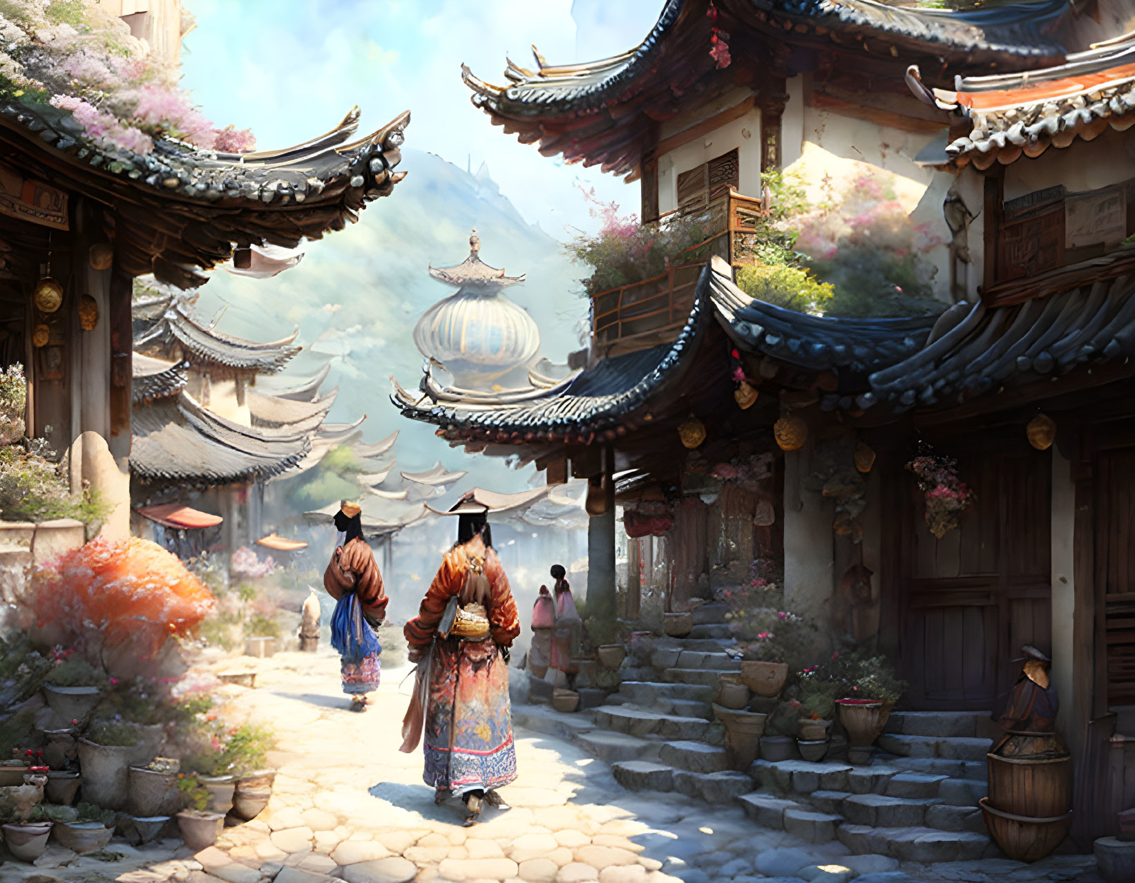 Traditional Asian Village with Ornate Buildings and Blossoming Trees