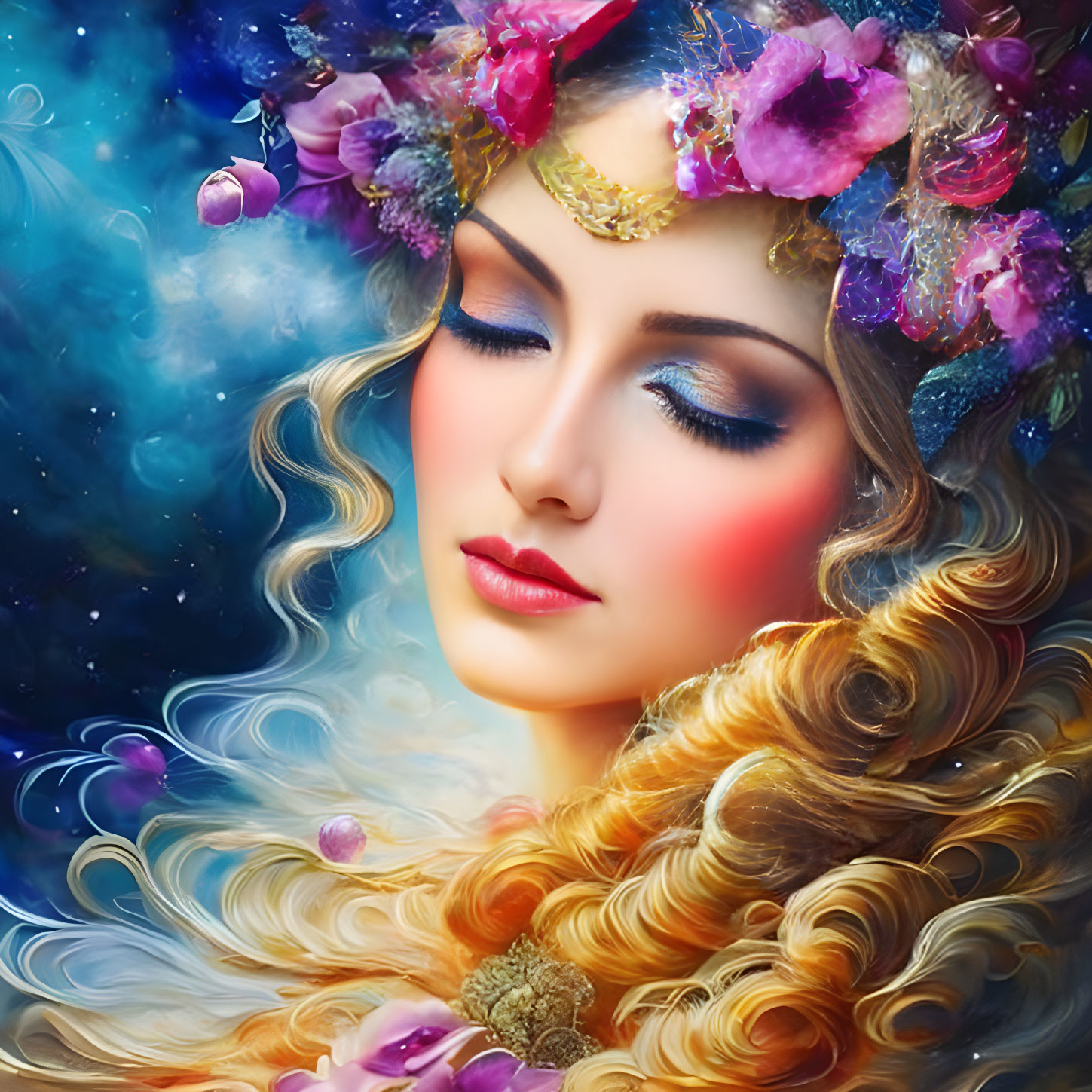 Fantasy portrait of woman with floral crown, vibrant makeup, golden locks, celestial background