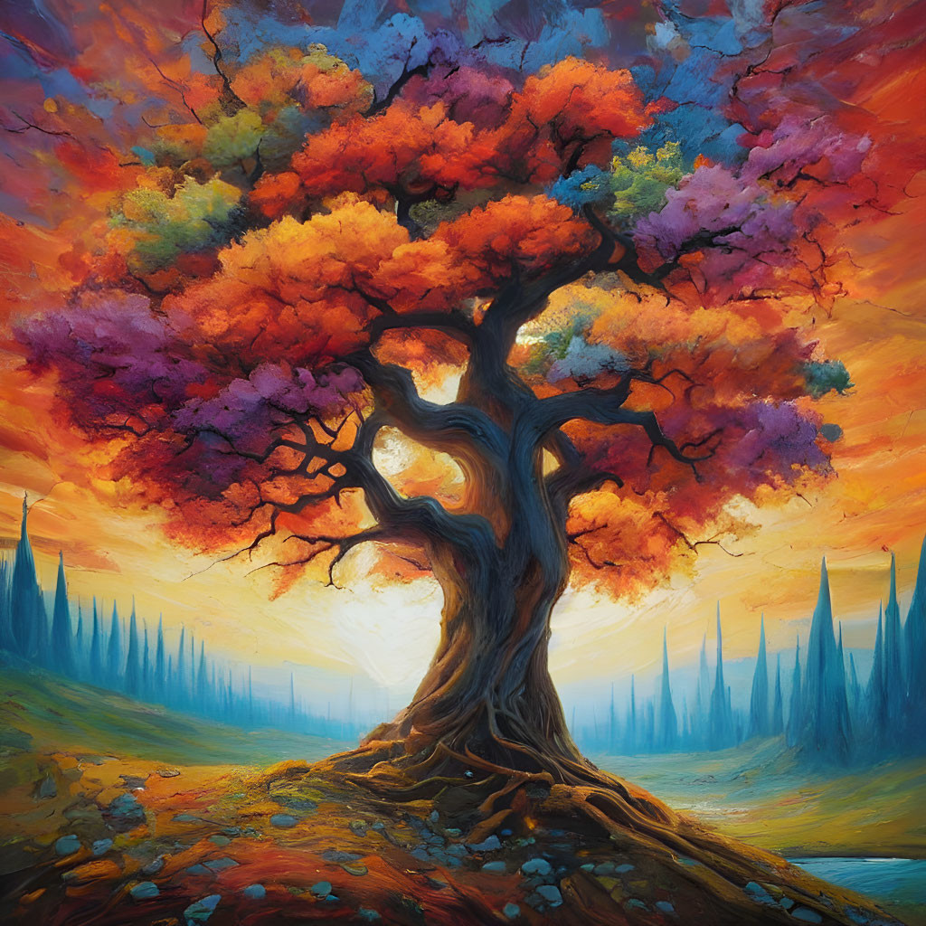 Colorful Tree Painting in Surreal Sunset Landscape