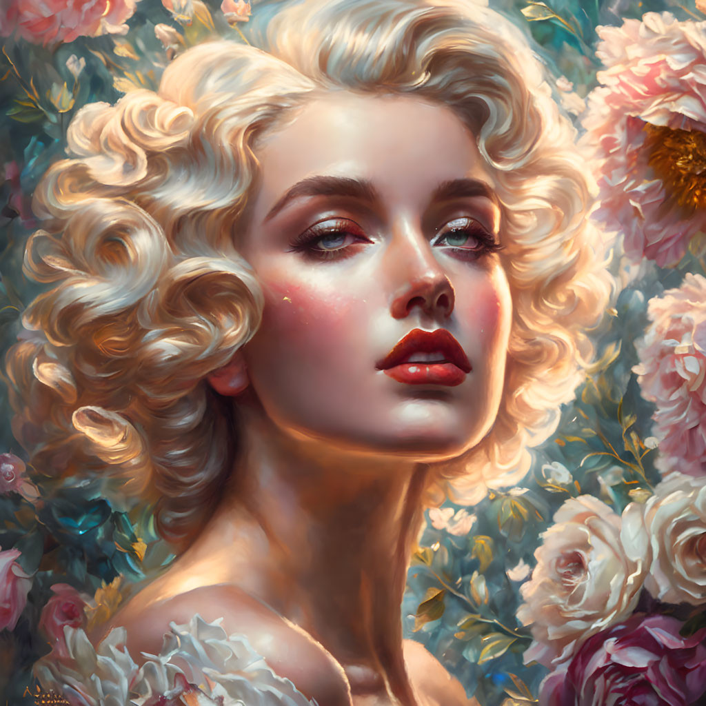 Blonde Woman with Curly Hair in Rose Background