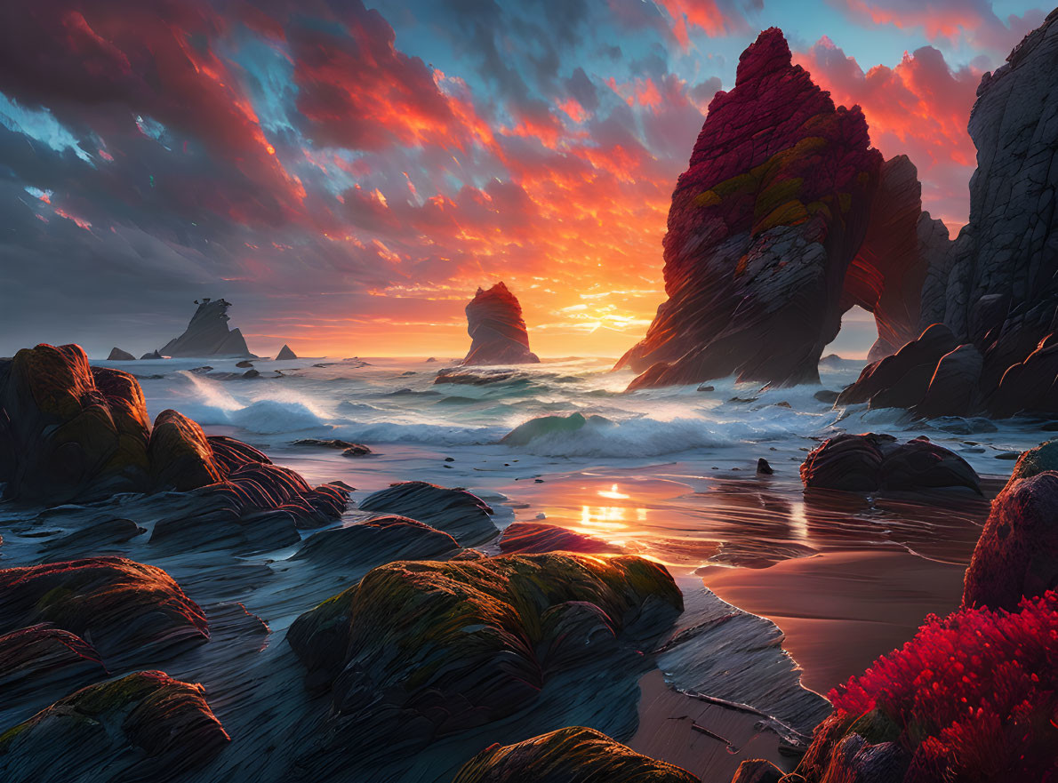 Dramatic coastal scene with vivid sunset sky